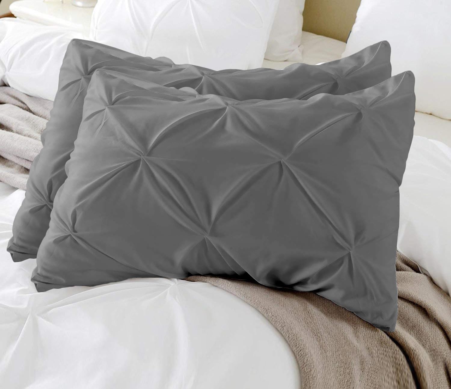 Dark Grey Pinch Pleat Egyptian Cotton King Pillow Shams