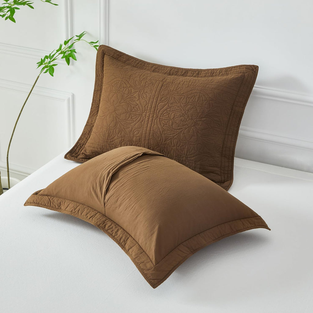 Coffee Floral Printed Cotton Quilted Pillow Shams