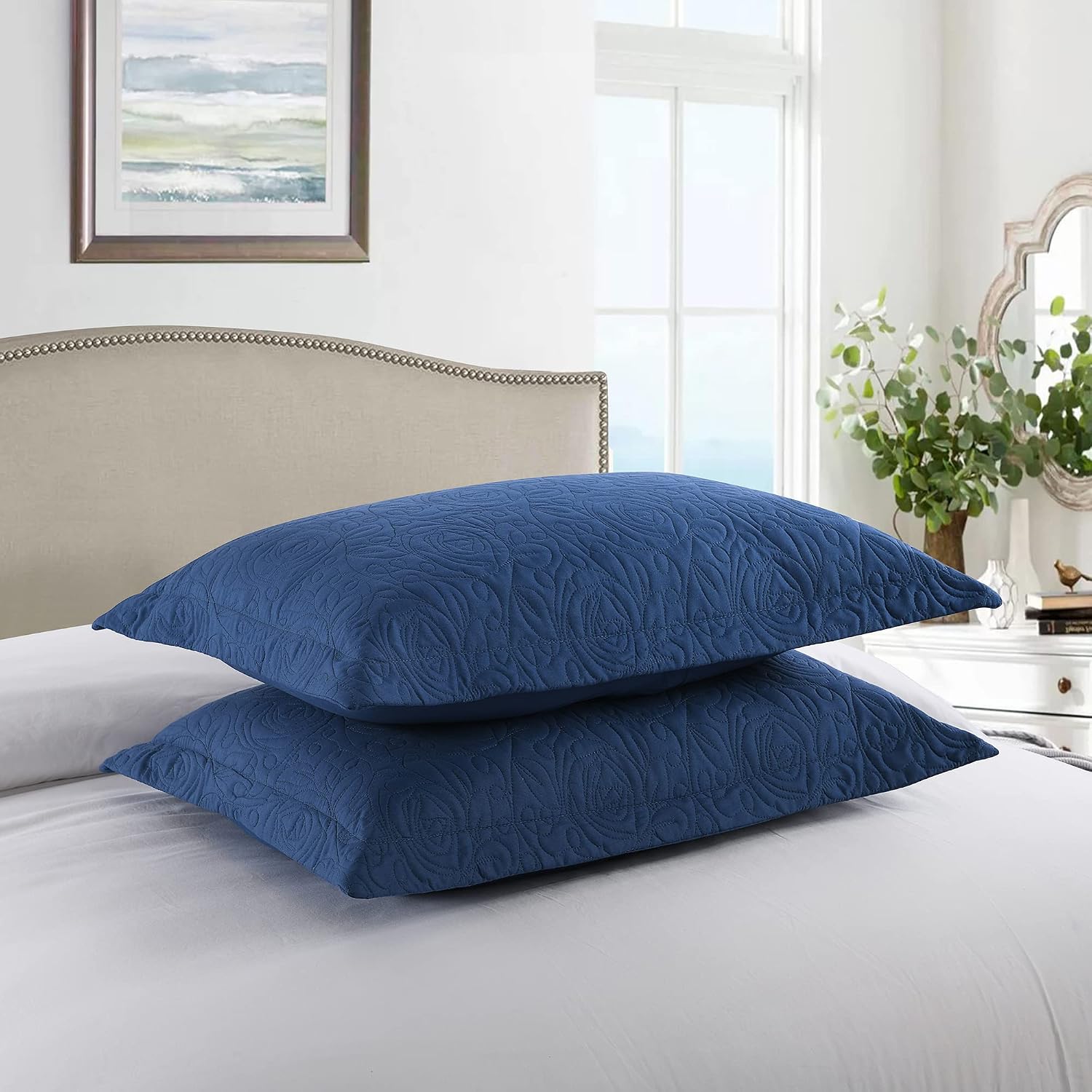 Navy Embroidered Microfiber Standard Pillow Shams