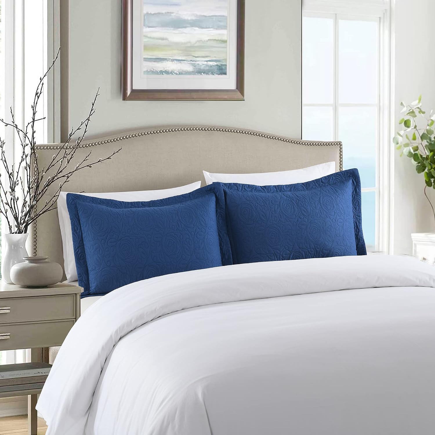 Navy Embroidered Microfiber Standard Pillow Shams