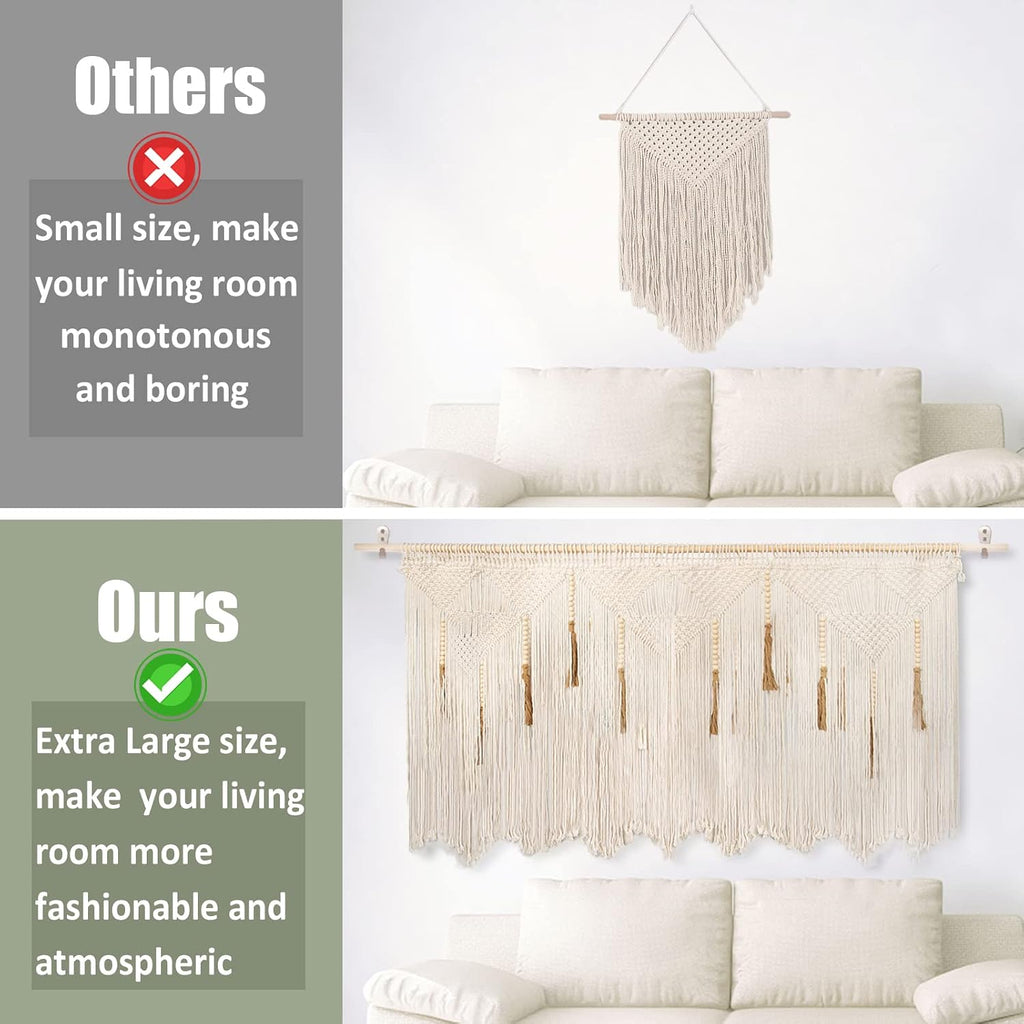 Extra Large Beige Cotton Macrame Wall Hanging with Rod