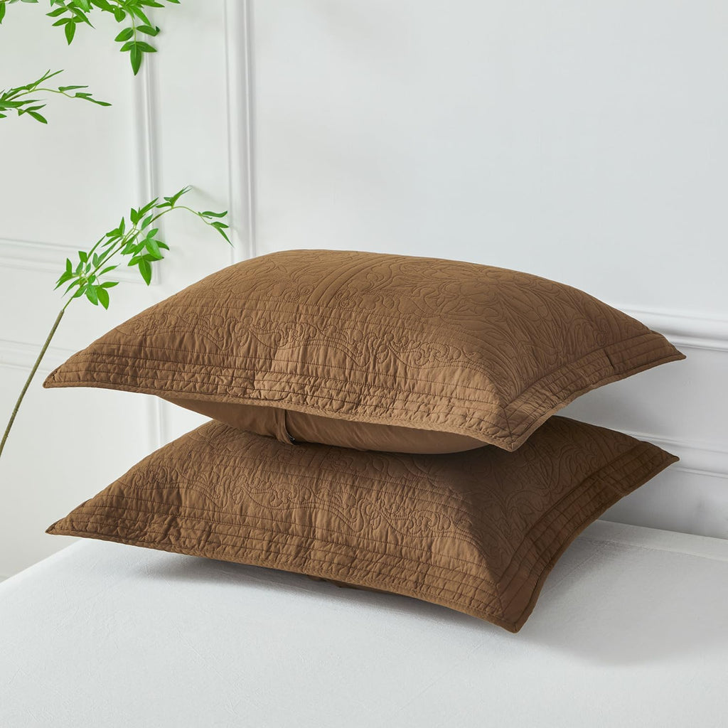 Coffee Floral Printed Cotton Quilted Pillow Shams