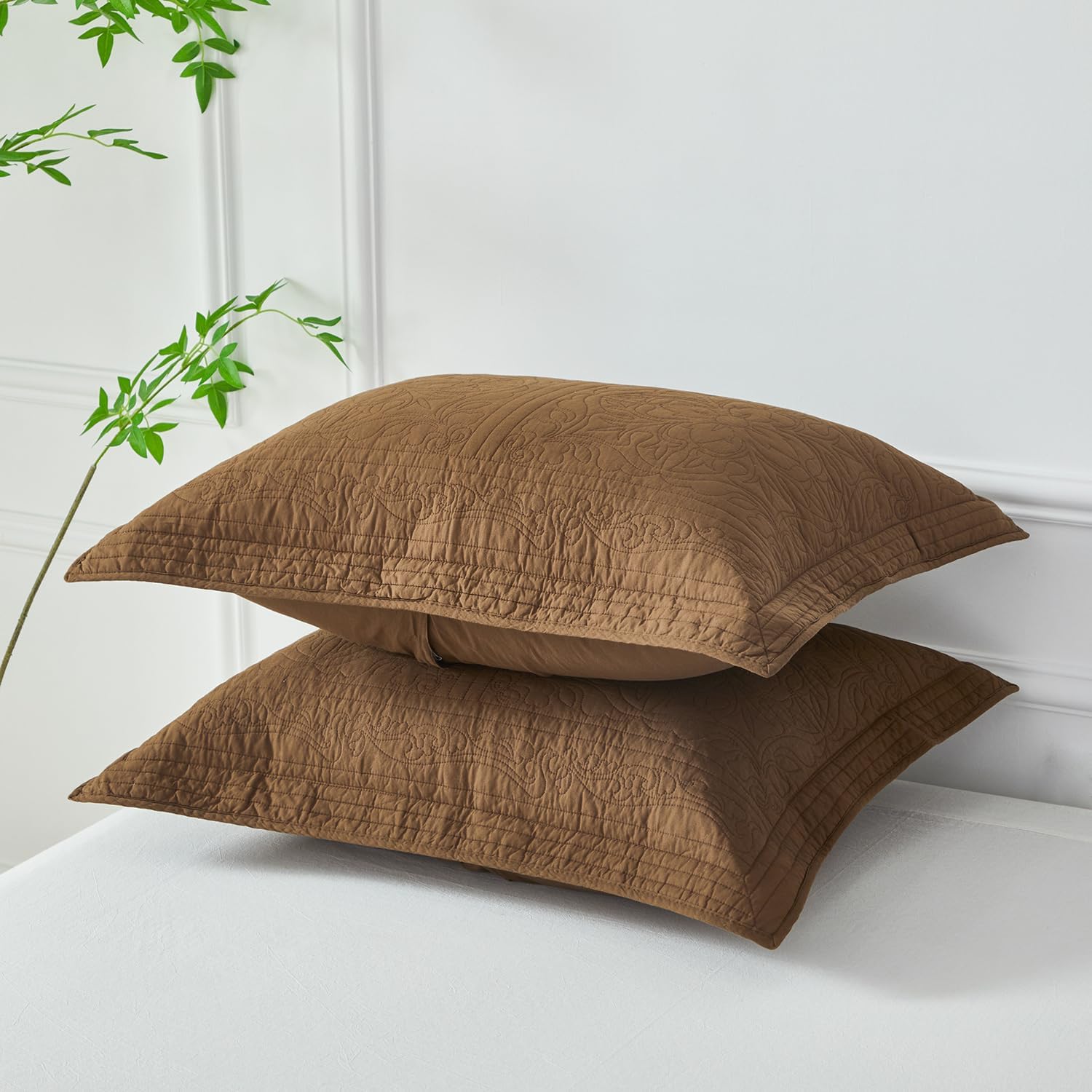 Coffee Floral Printed Cotton Quilted Pillow Shams