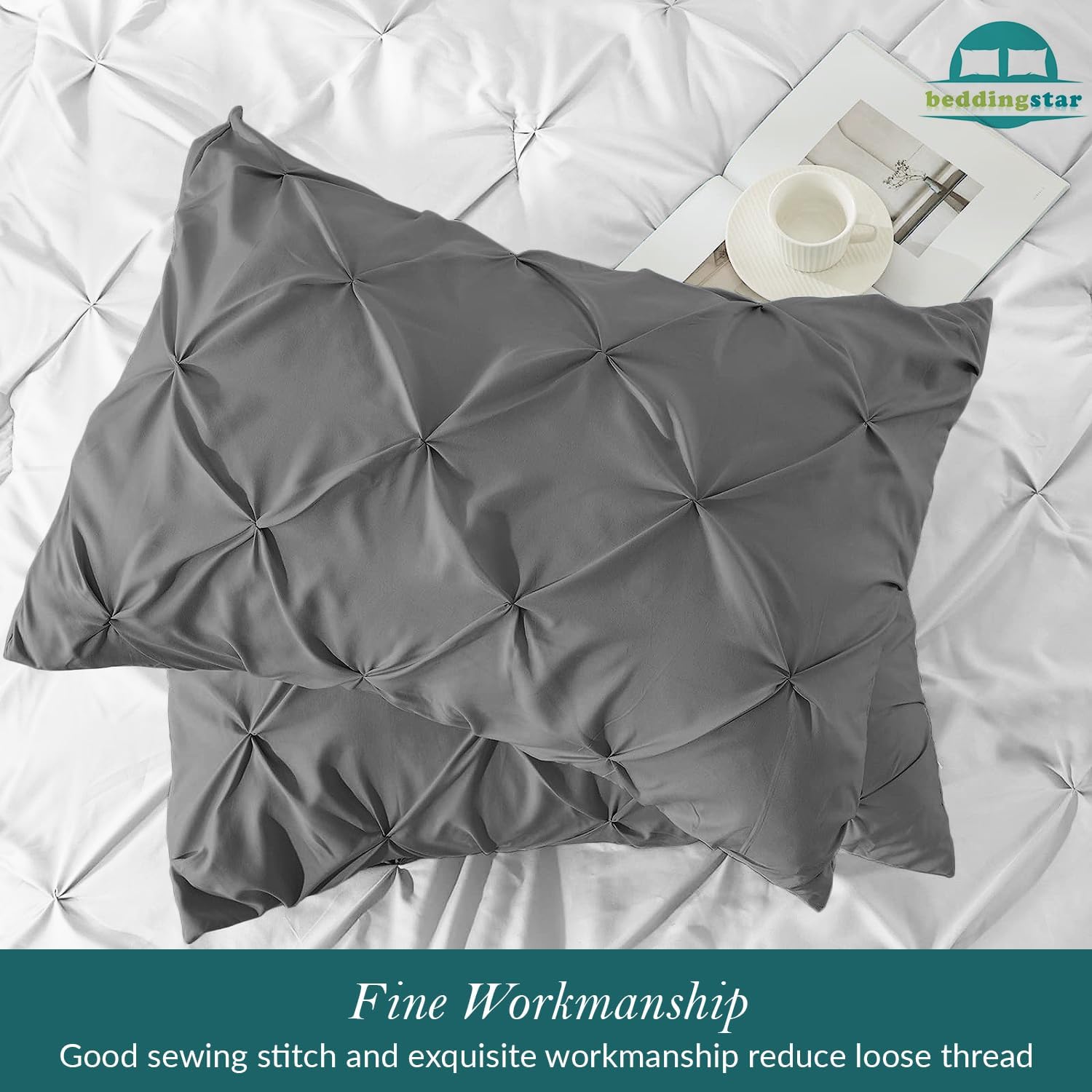 Dark Grey Pinch Pleat Egyptian Cotton King Pillow Shams