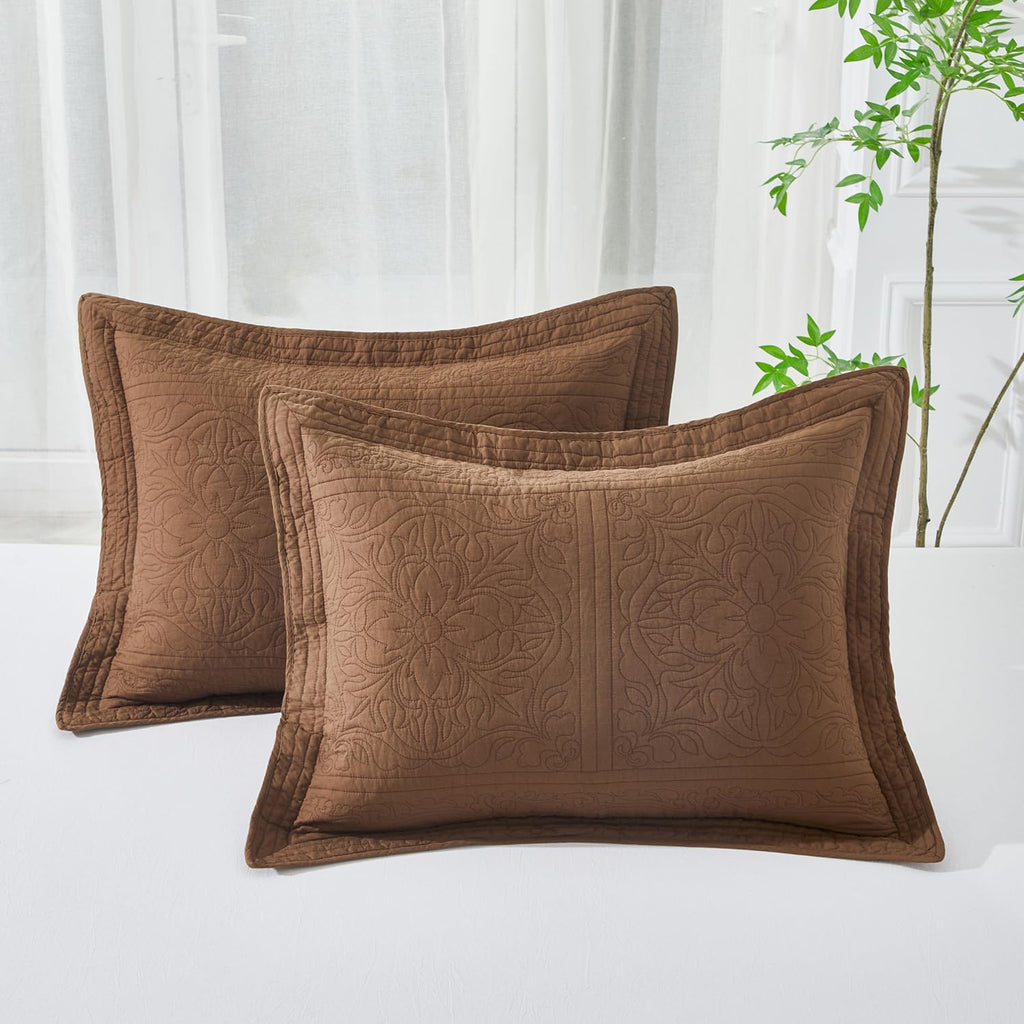 Coffee Floral Printed Cotton Quilted Pillow Shams