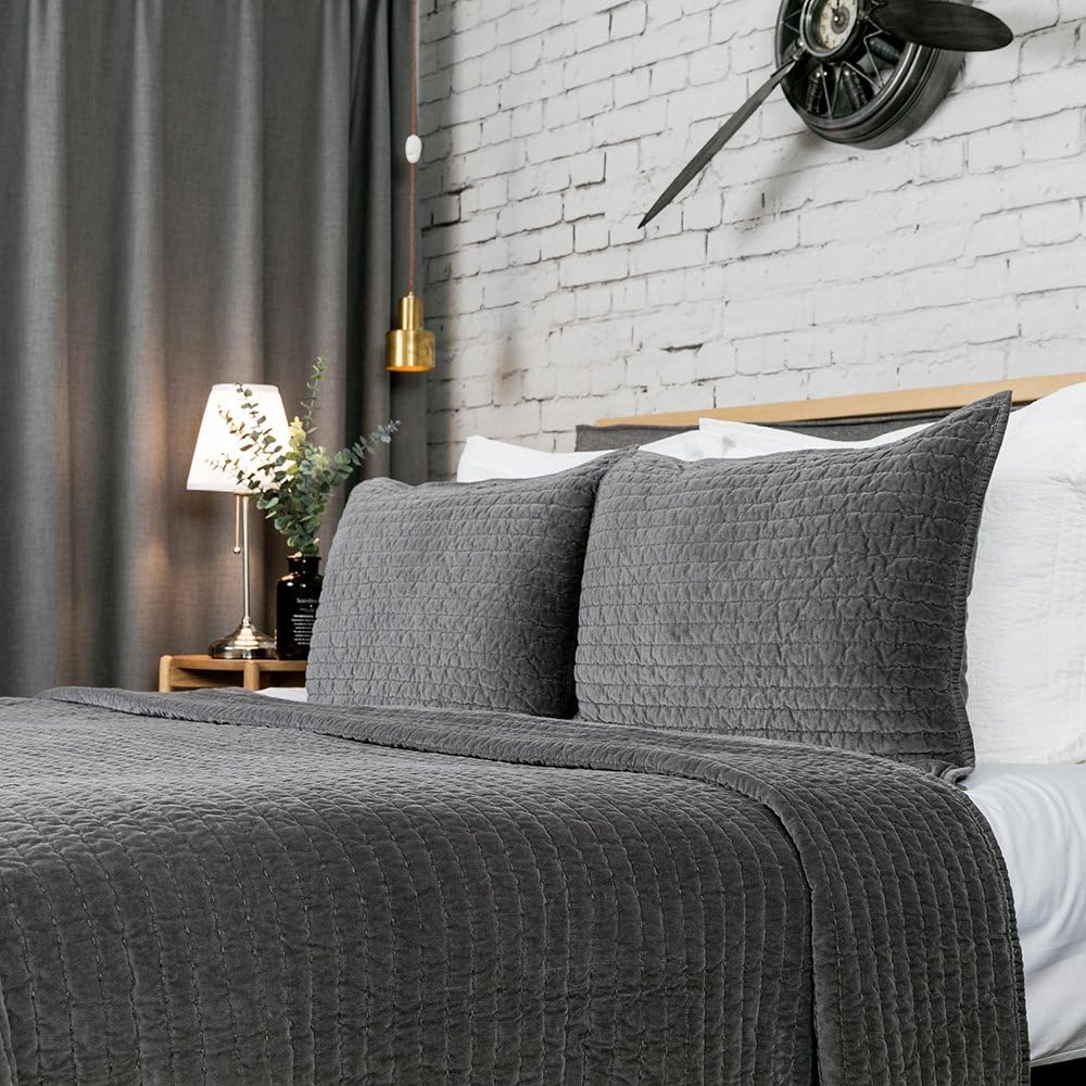 Grey Cotton Velvet Pic-Stitch Standard Pillow Sham