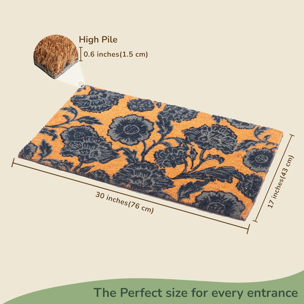 Blue Floral Coir Doormat Non Slip PVC Backing