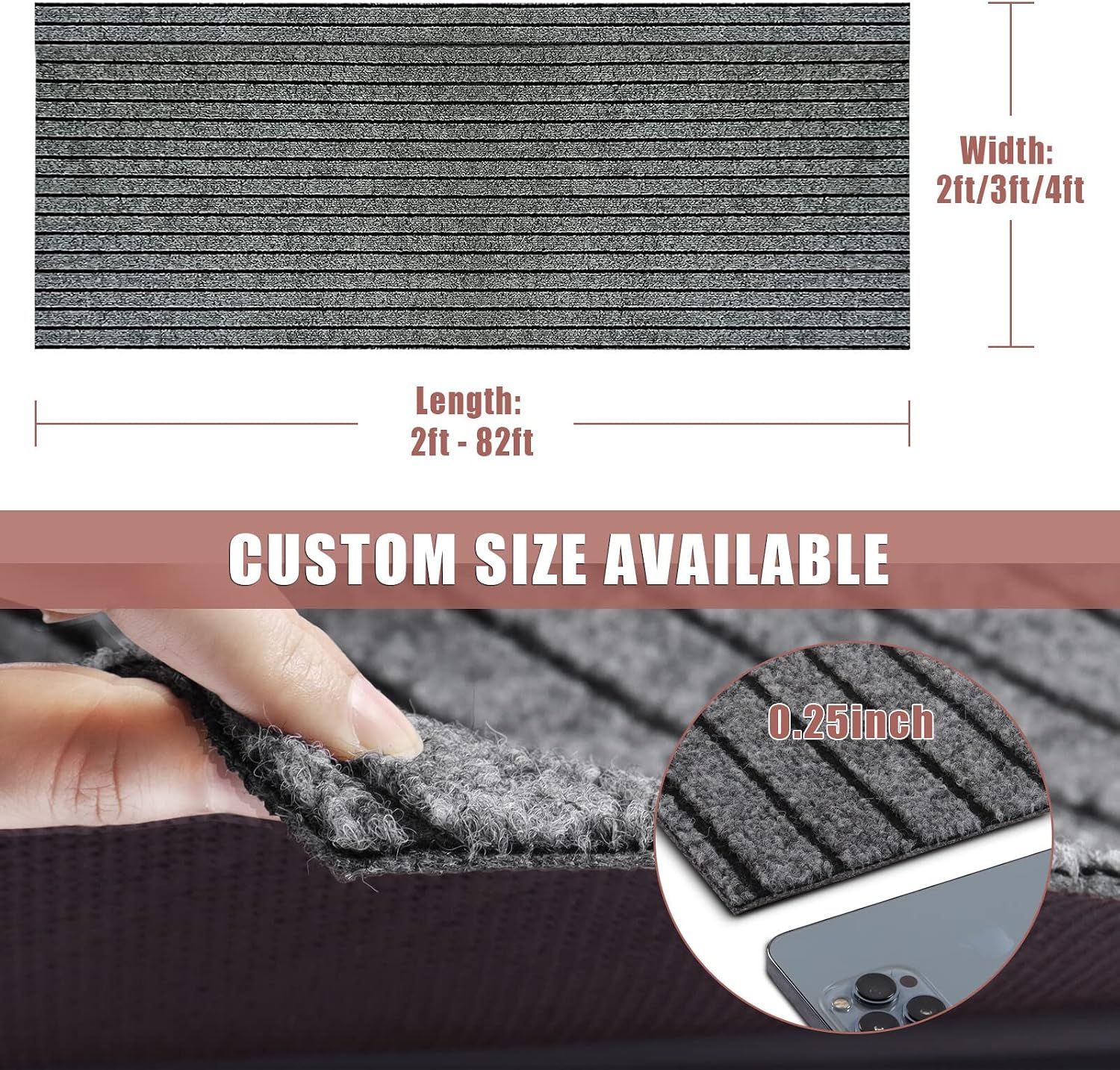 Gray Black Stripe Non Slip Rubber Back Runner Rug