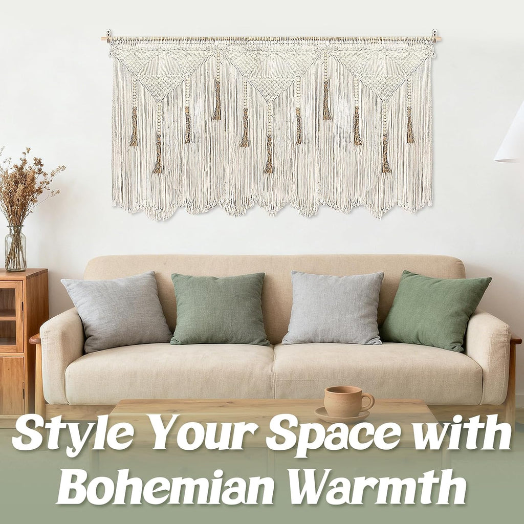 Extra Large Beige Cotton Macrame Wall Hanging with Rod