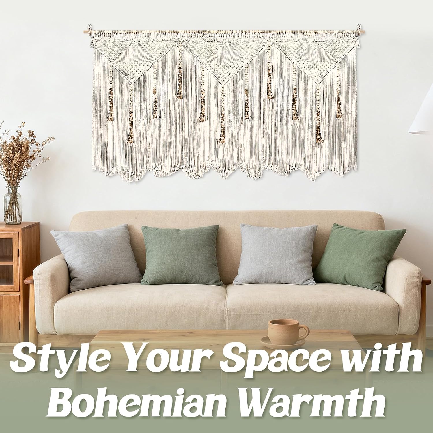 Extra Large Beige Cotton Macrame Wall Hanging with Rod