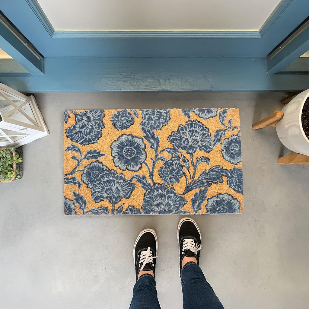 Blue Floral Coir Doormat Non Slip PVC Backing