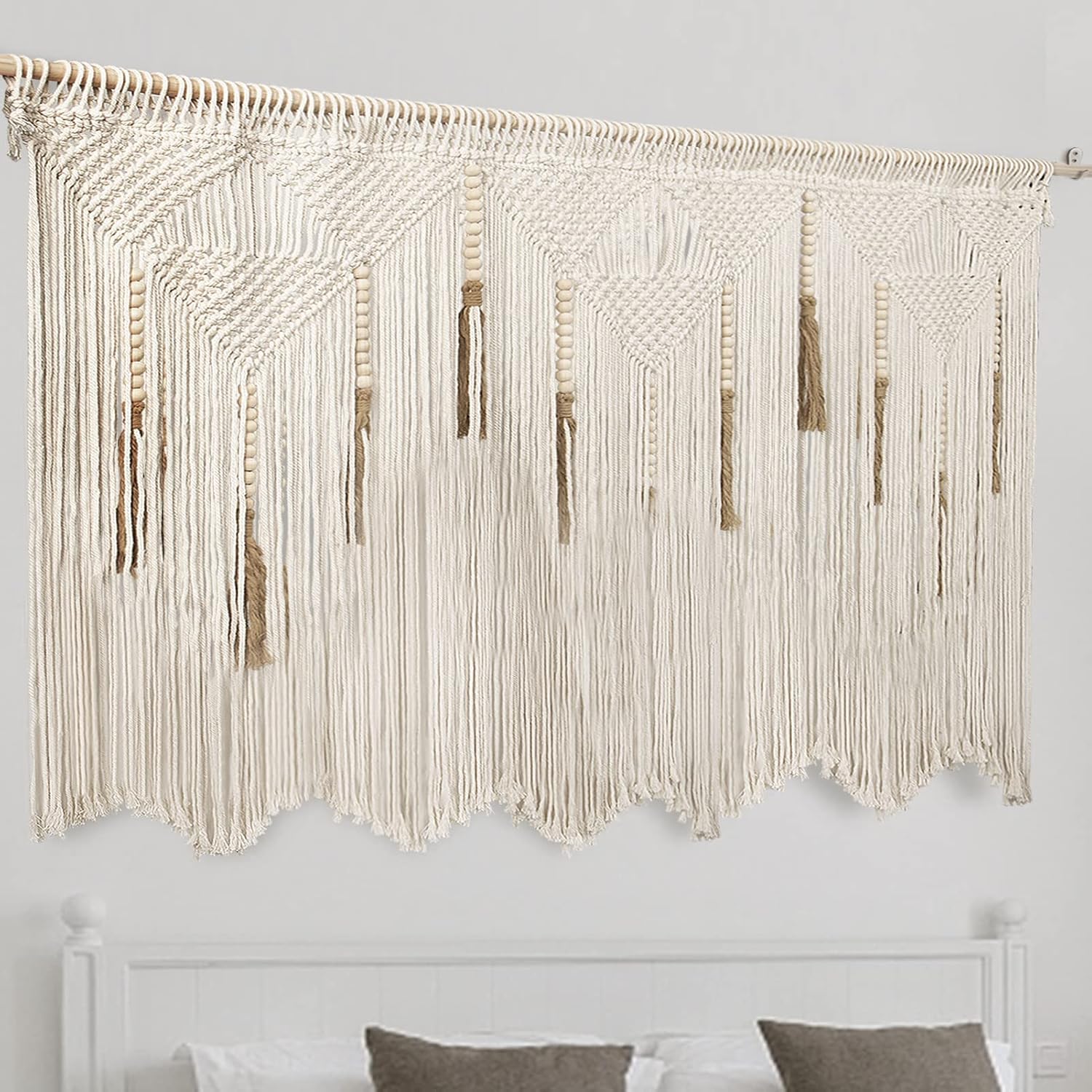 Extra Large Beige Cotton Macrame Wall Hanging with Rod