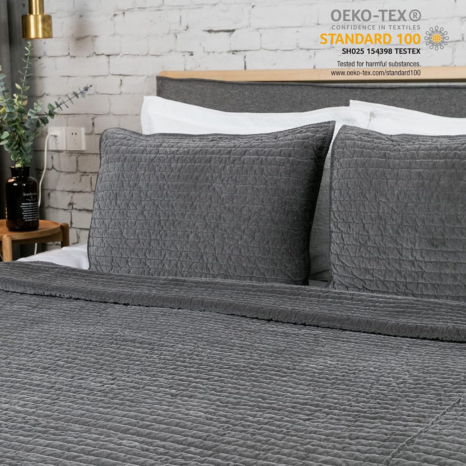 Grey Cotton Velvet Pic-Stitch Standard Pillow Sham
