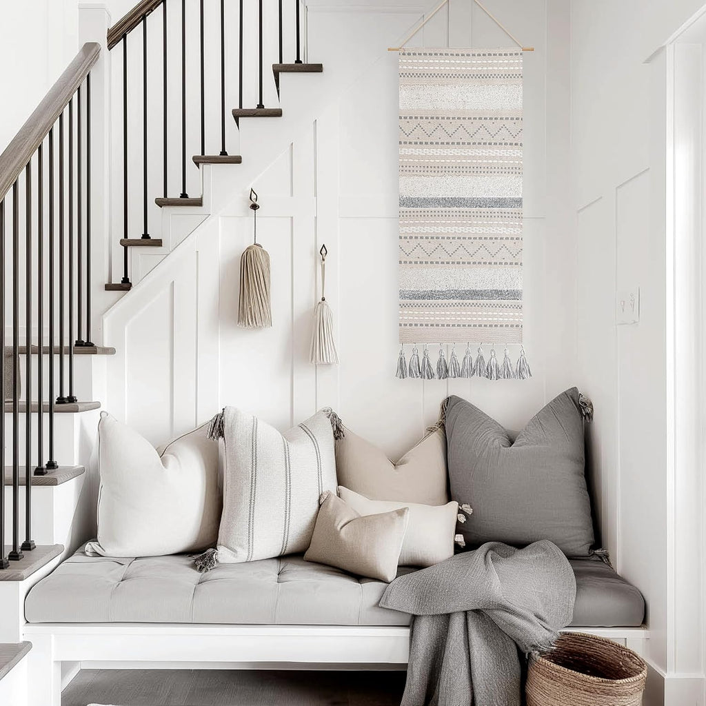 Gray Cream Tassel Boho Vertical Woven Wall Hanging