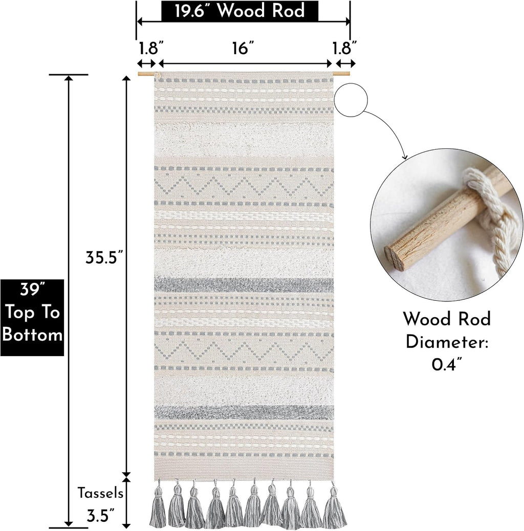 Gray Cream Tassel Boho Vertical Woven Wall Hanging