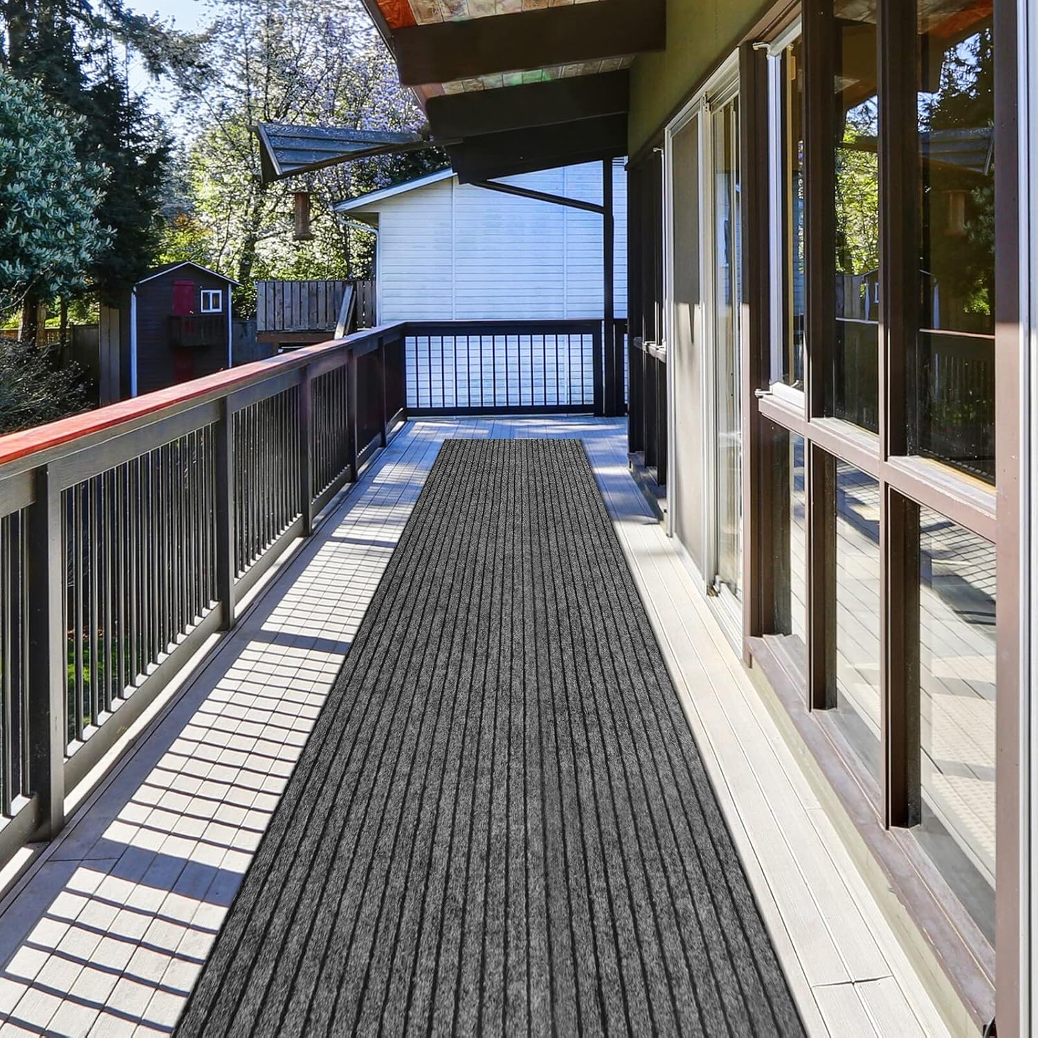 Gray Black Stripe Non Slip Rubber Back Runner Rug