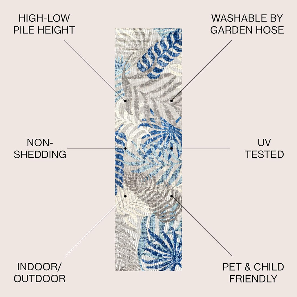 Gray Blue Palm Leaf Boho Indoor Outdoor Runner Rug
