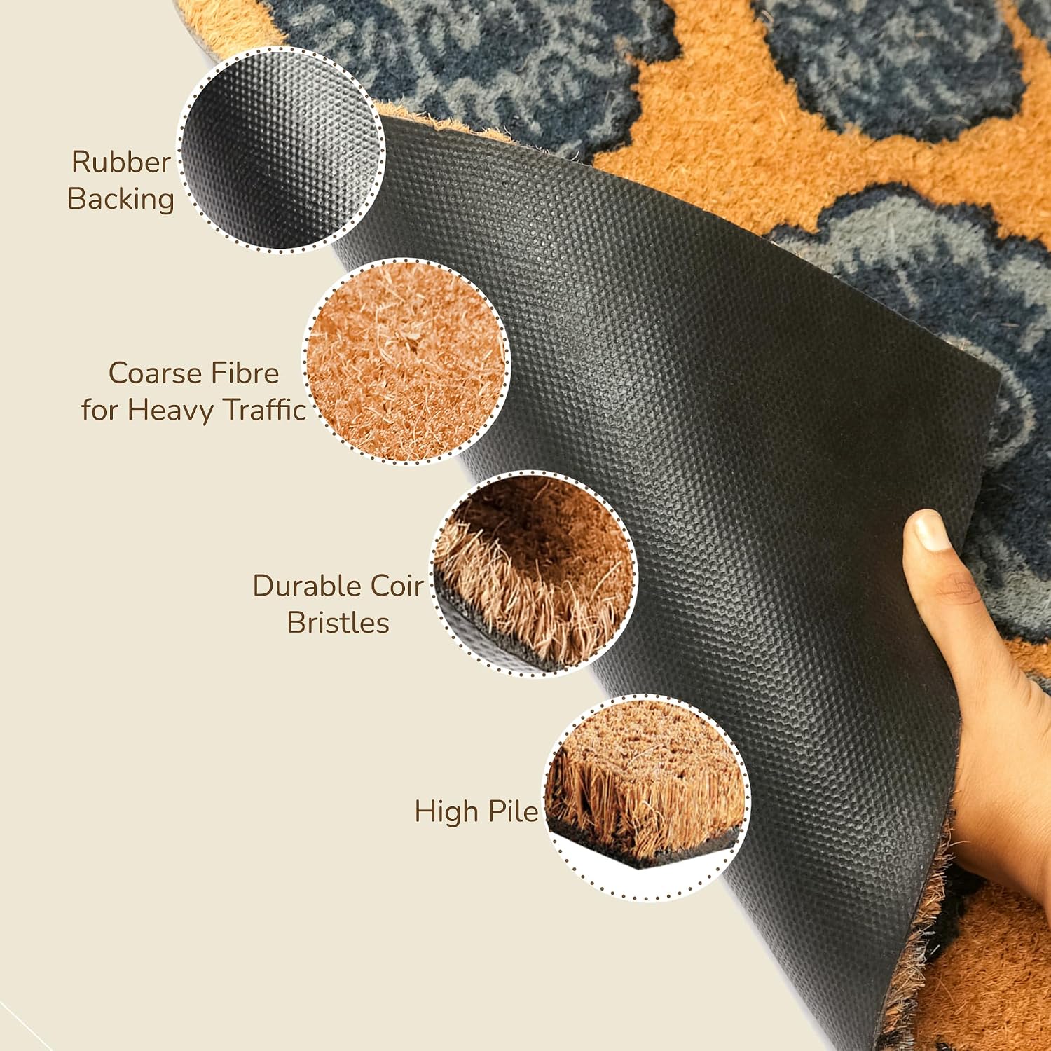 Blue Floral Coir Doormat Non Slip PVC Backing
