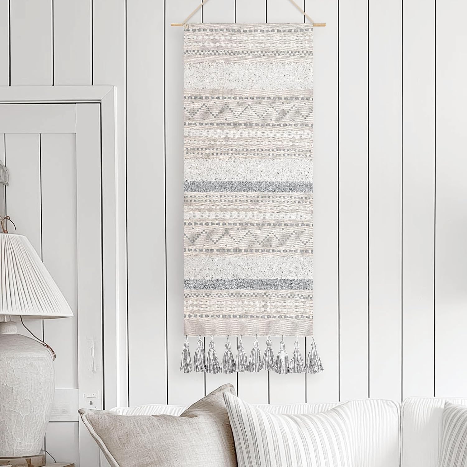 Gray Cream Tassel Boho Vertical Woven Wall Hanging