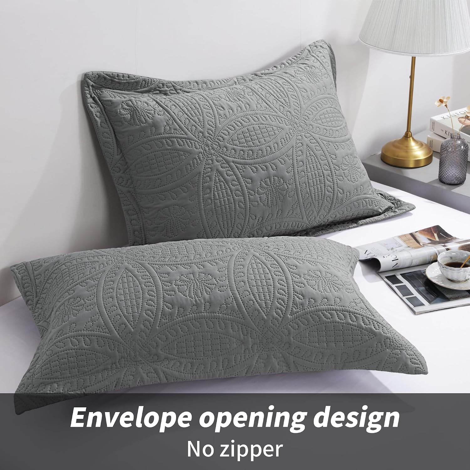 Dark Grey Coin Quilted Envelope Standard Pillow Shams