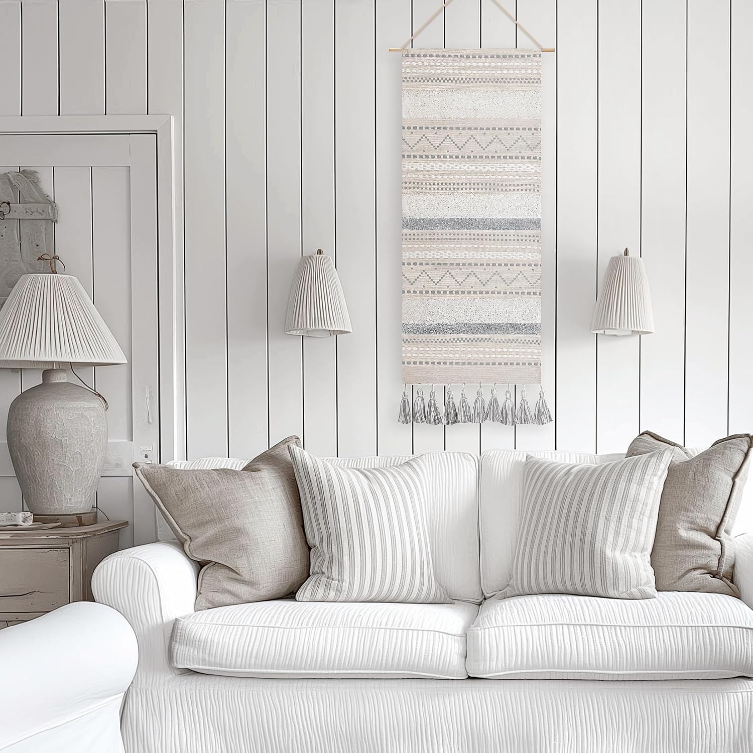 Gray Cream Tassel Boho Vertical Woven Wall Hanging