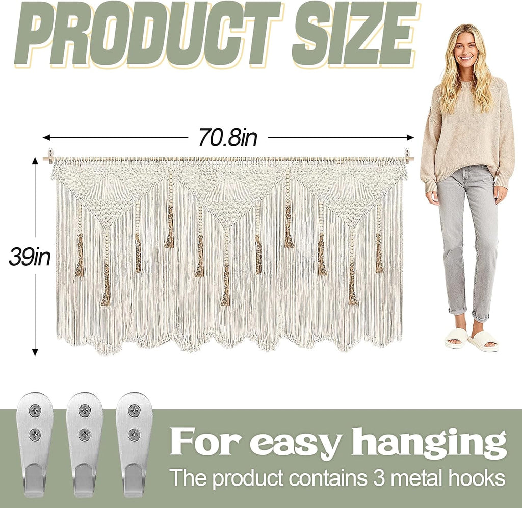 Extra Large Beige Cotton Macrame Wall Hanging with Rod