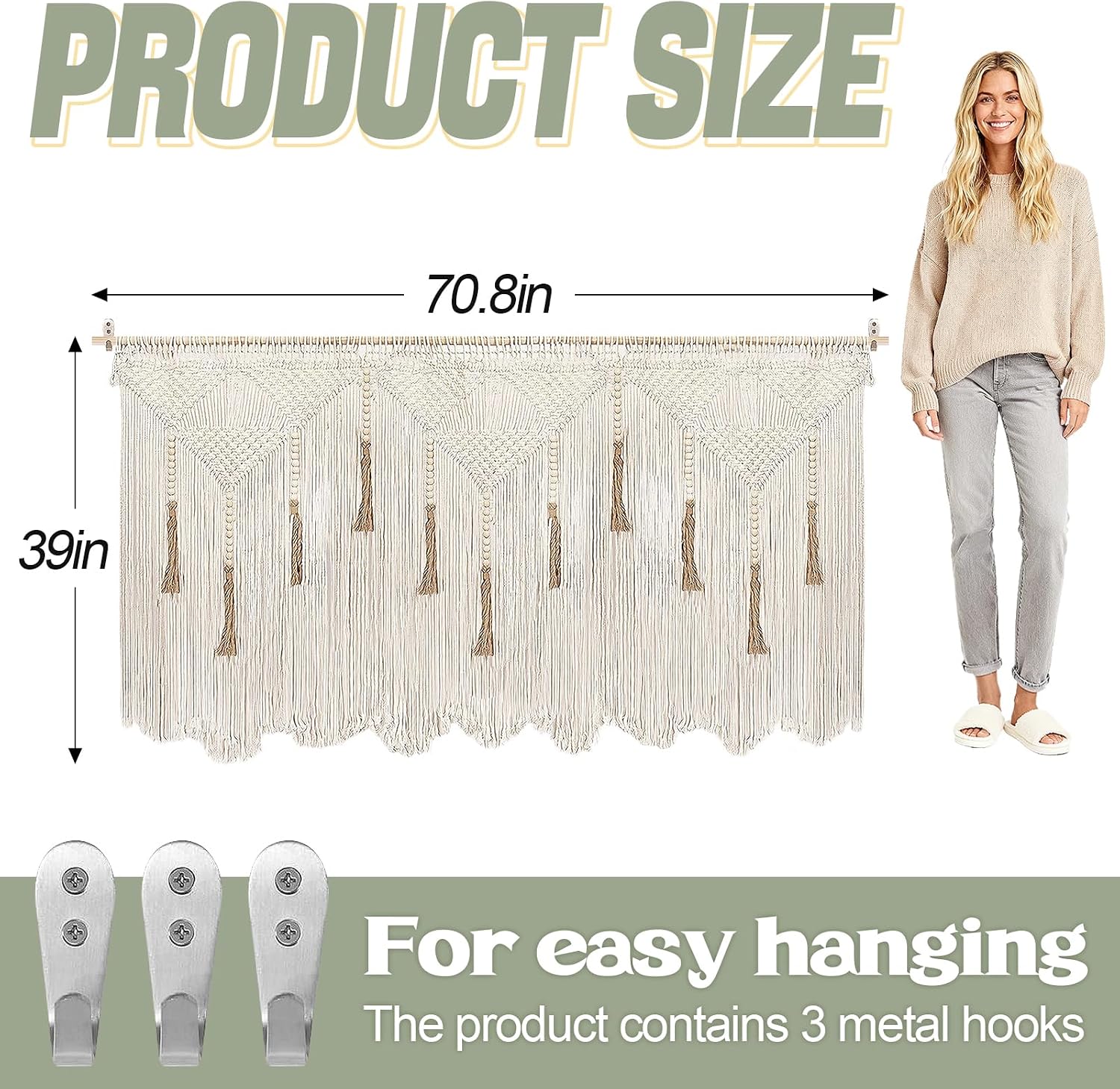 Extra Large Beige Cotton Macrame Wall Hanging with Rod