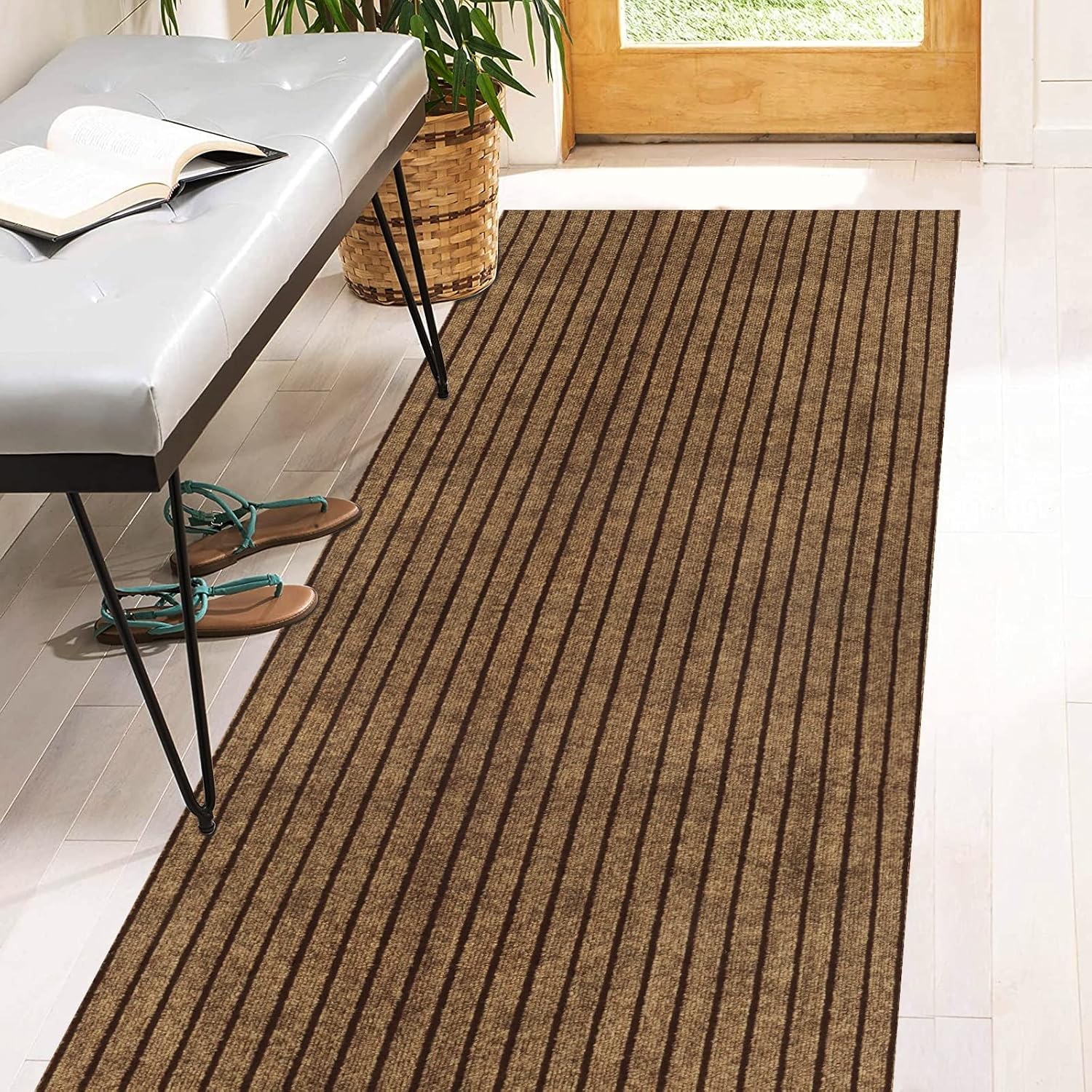 Brown Stripe Rubber Back Indoor Outdoor Runner Rug