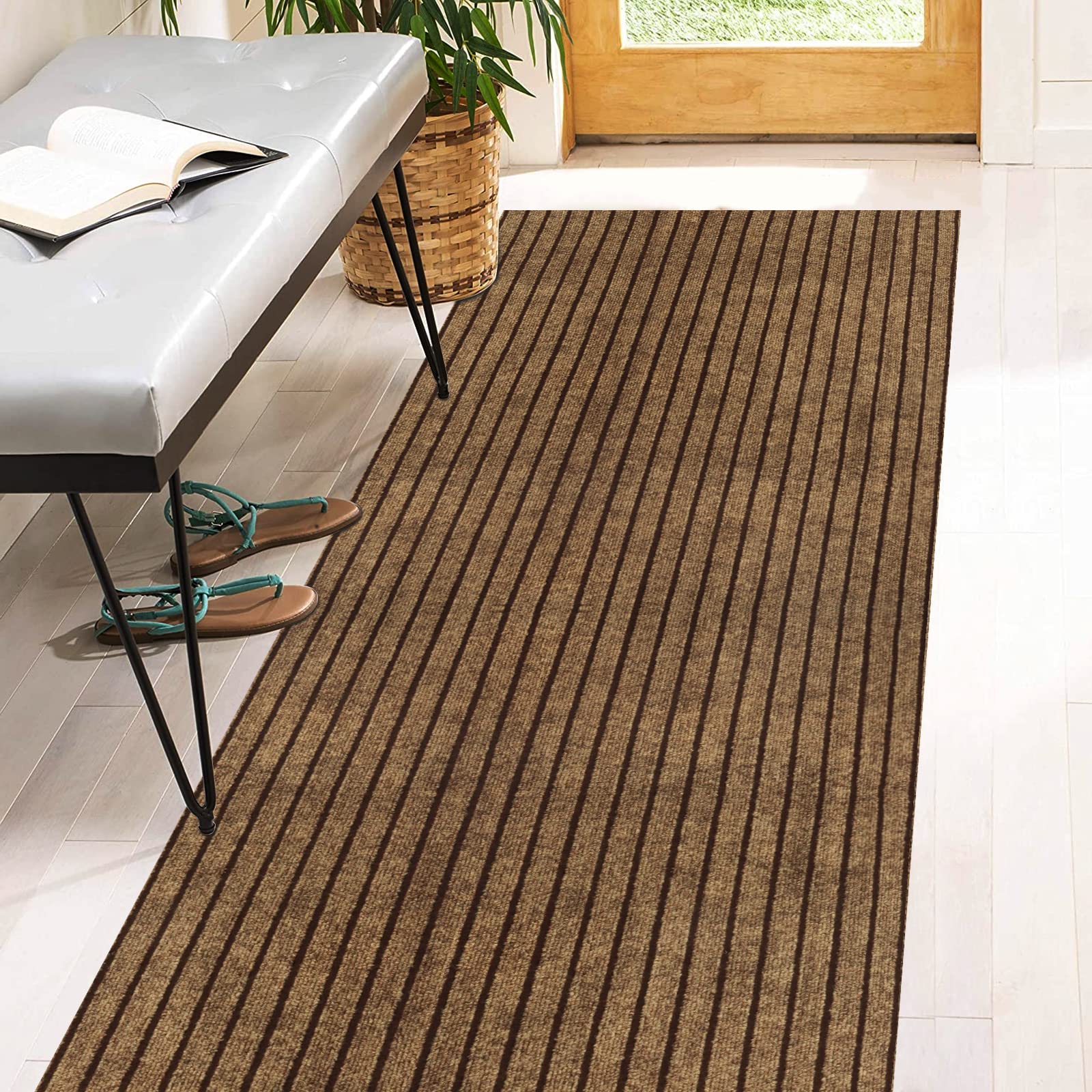 Brown Stripe Rubber Back Indoor Outdoor Runner Rug