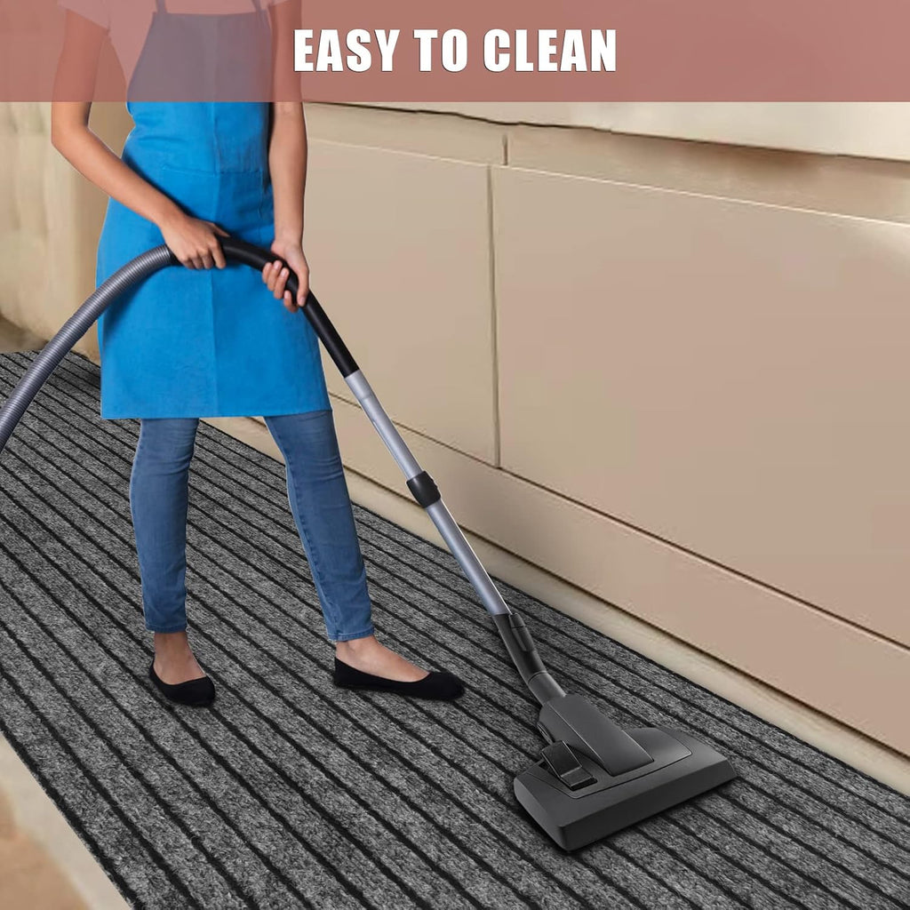 Gray Black Stripe Non Slip Rubber Back Runner Rug