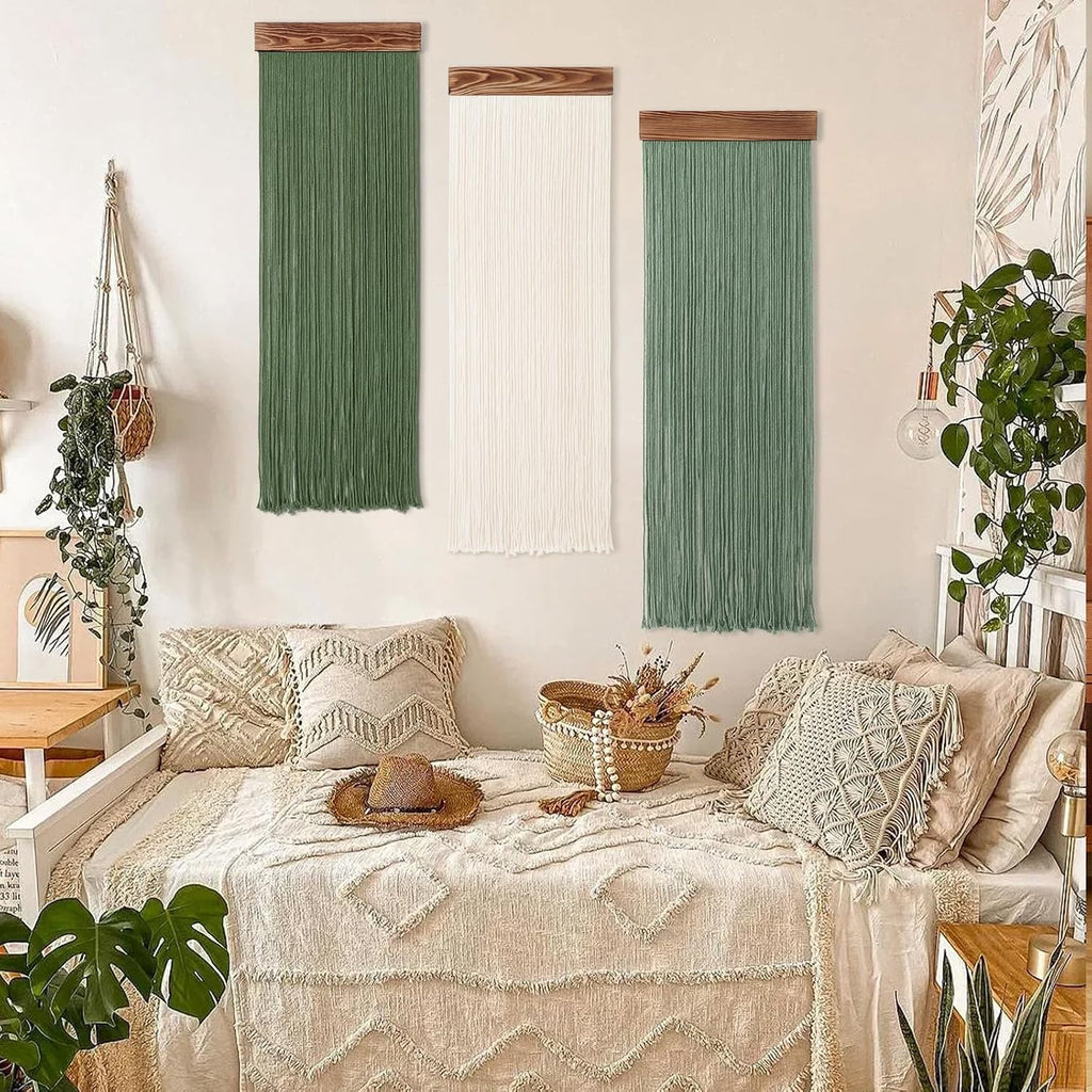 Green Beige Tassel Boho Macrame Wall Hanging Decor