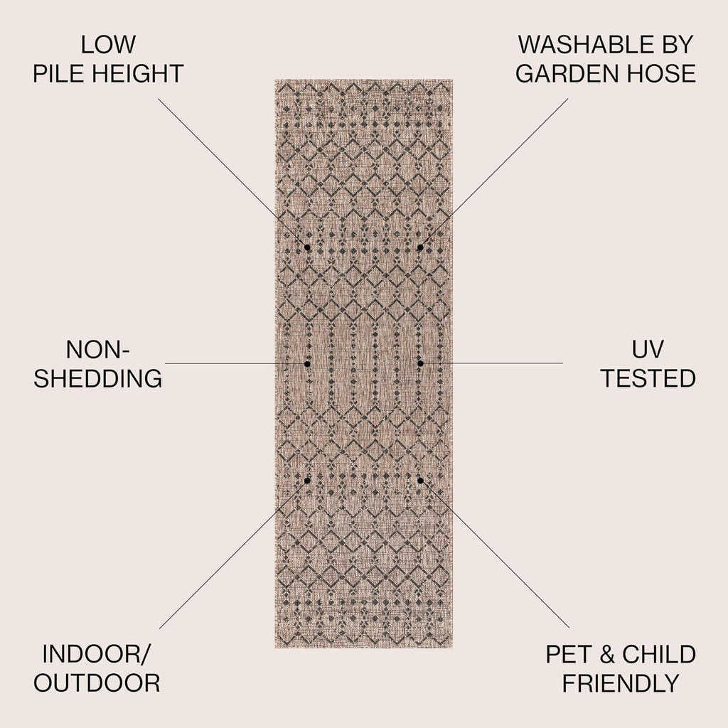 Moroccan Geometric Natural Black Outdoor Runner Rug