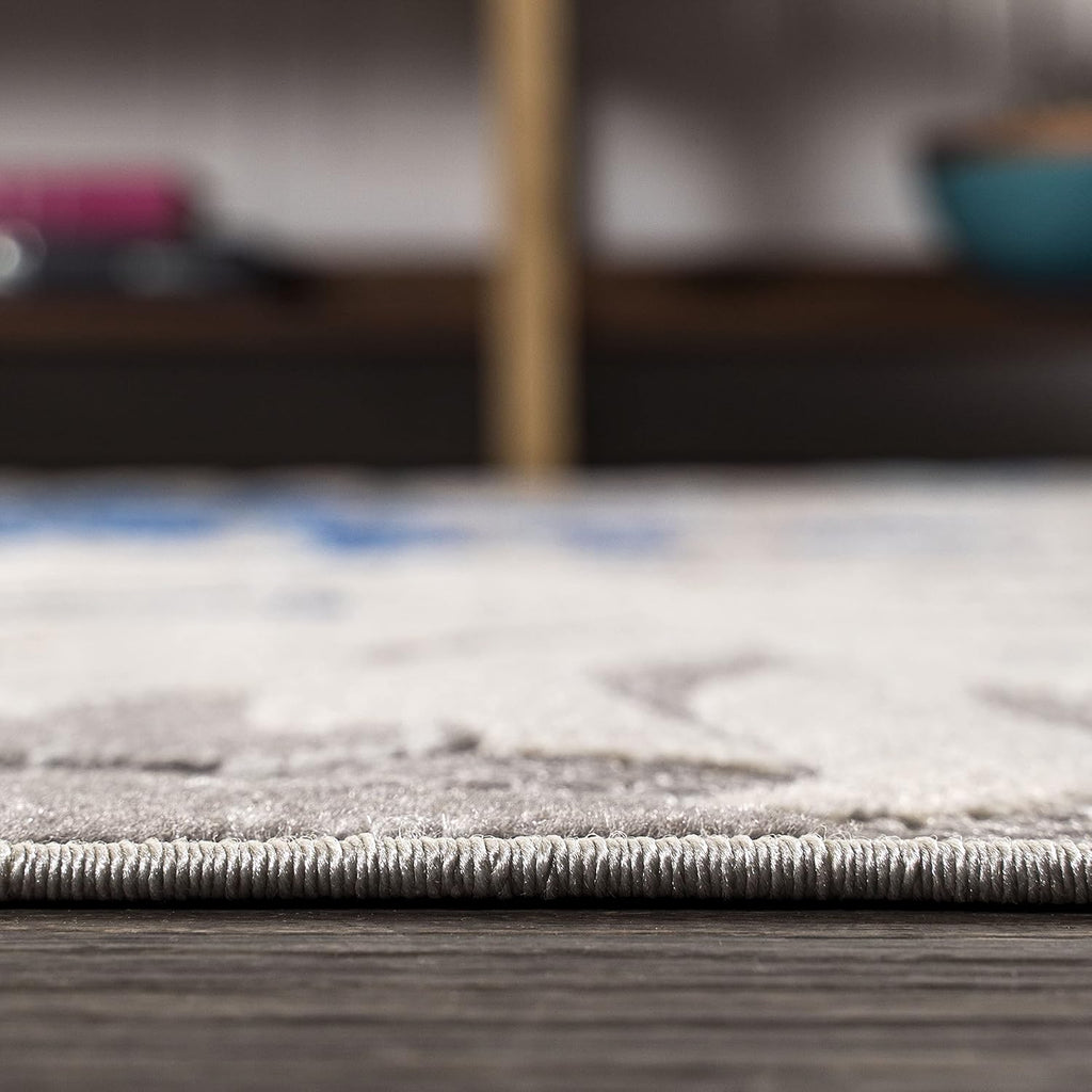 Gray Blue Palm Leaf Boho Indoor Outdoor Runner Rug