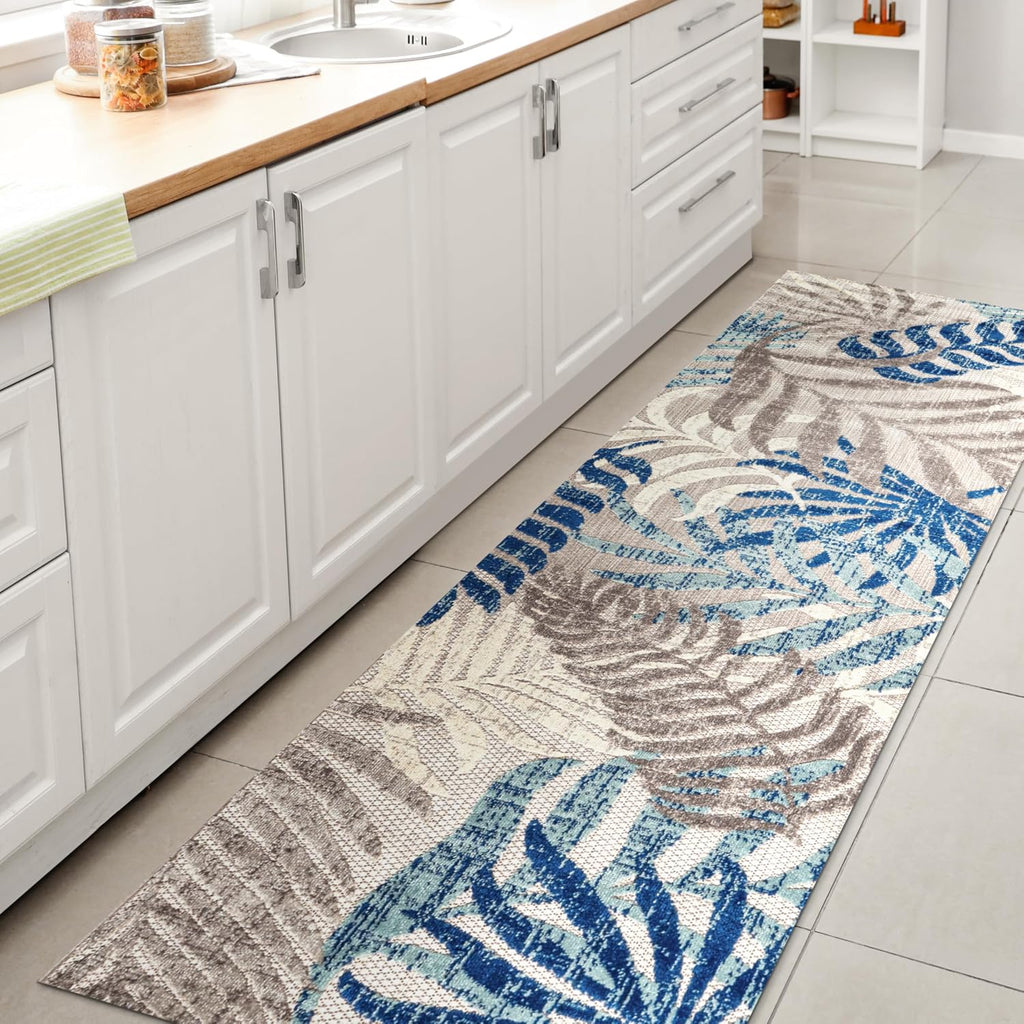 Gray Blue Palm Leaf Boho Indoor Outdoor Runner Rug