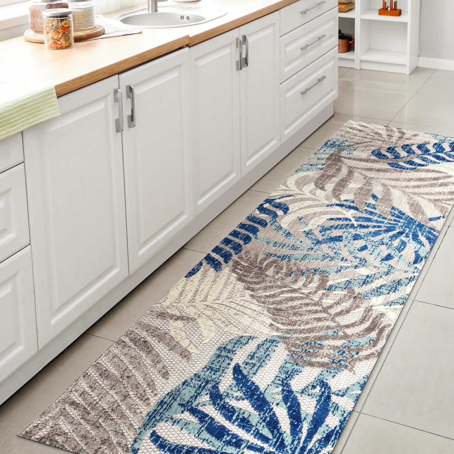 Gray Blue Palm Leaf Boho Indoor Outdoor Runner Rug