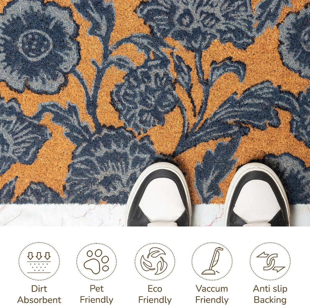Blue Floral Coir Doormat Non Slip PVC Backing