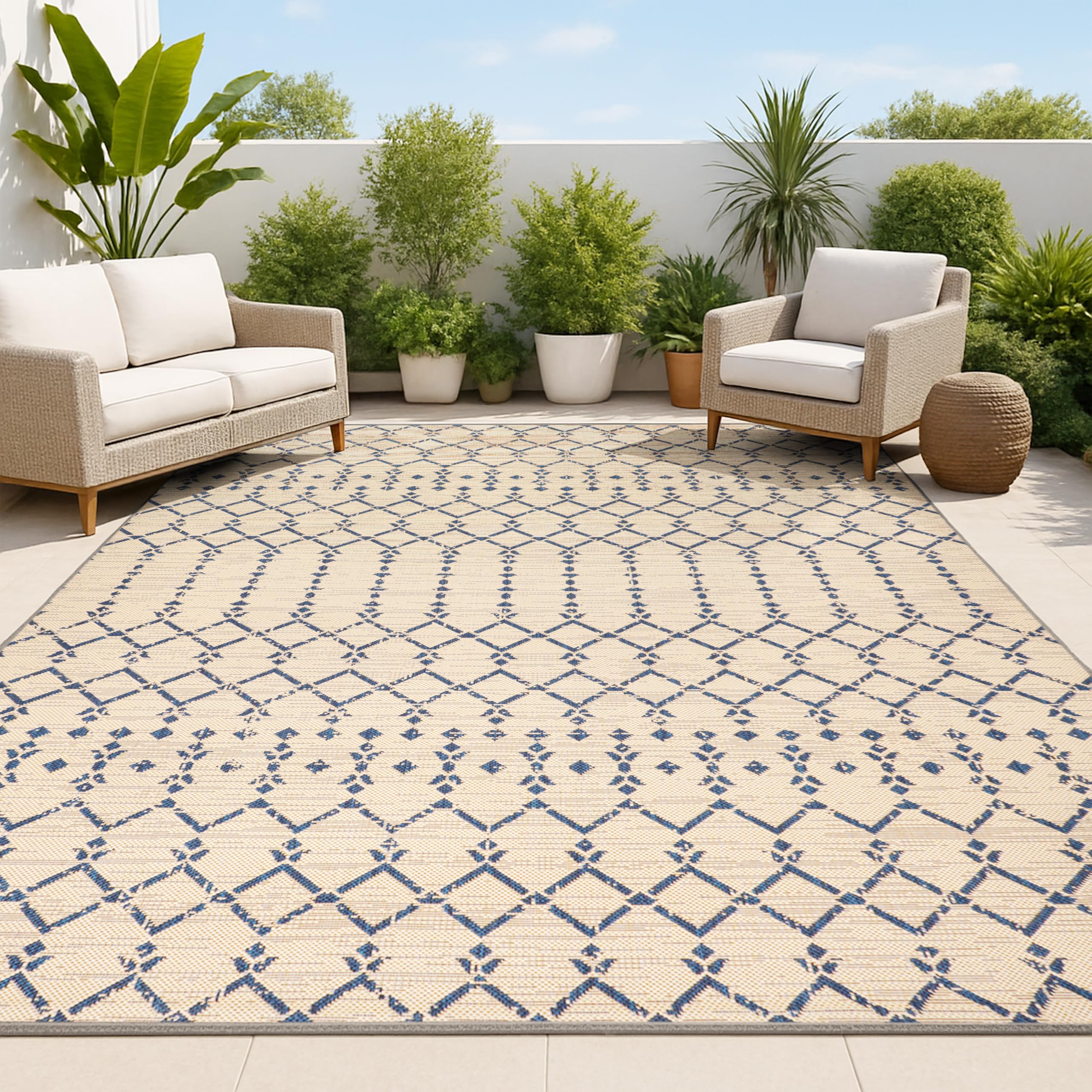 Moroccan Geometric Natural Black Outdoor Runner Rug