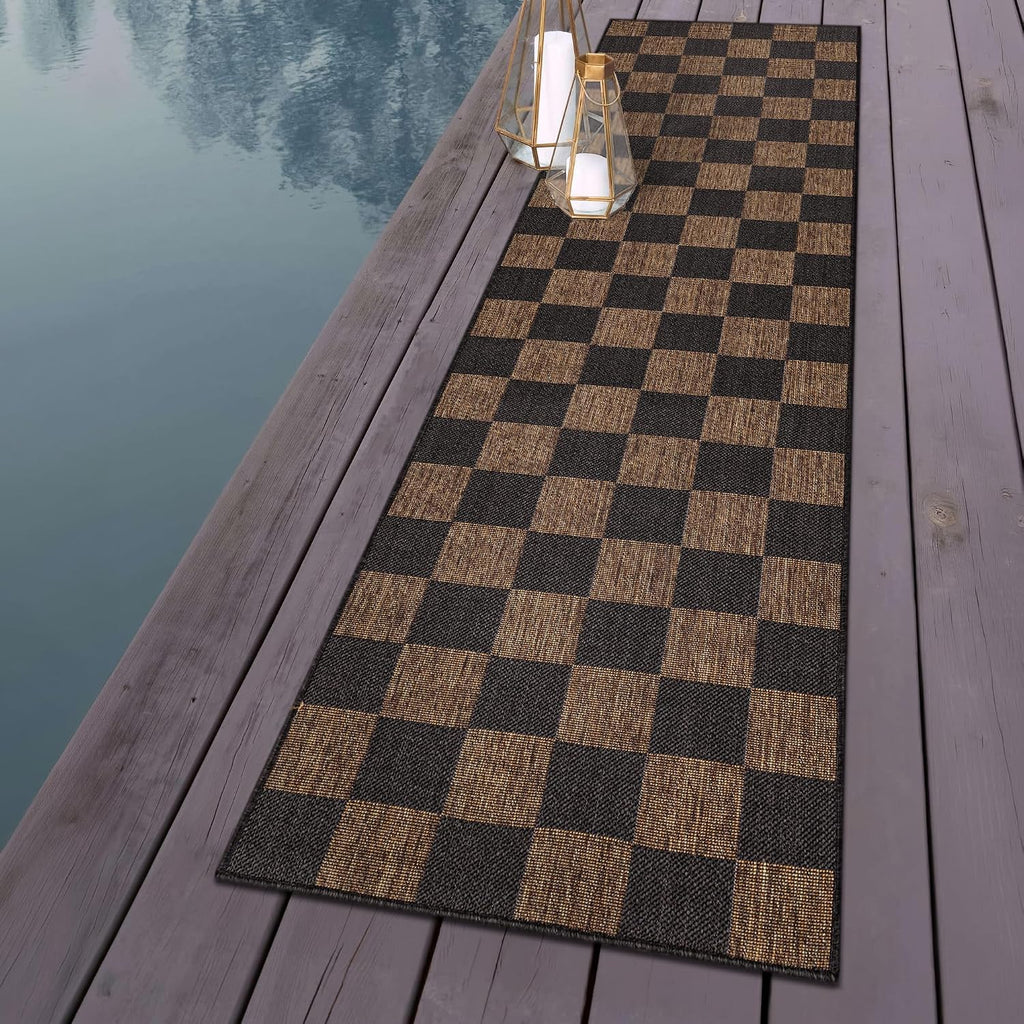 Dark Gray Checkered Jute Indoor Outdoor Runner Rug