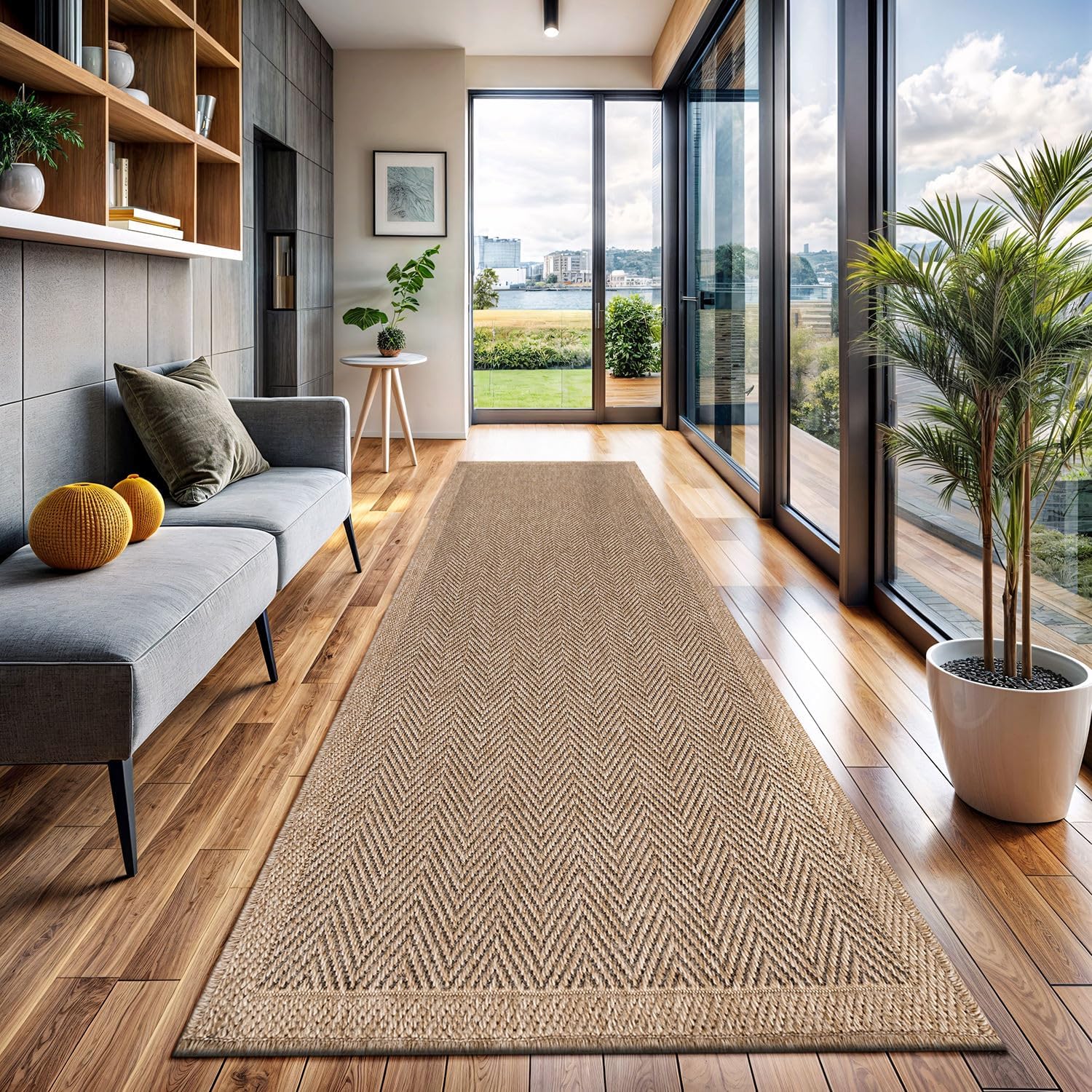 Herringbone Seagrass Washable Indoor Outdoor Runner Rug