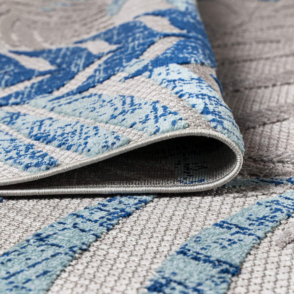 Gray Blue Palm Leaf Boho Indoor Outdoor Runner Rug