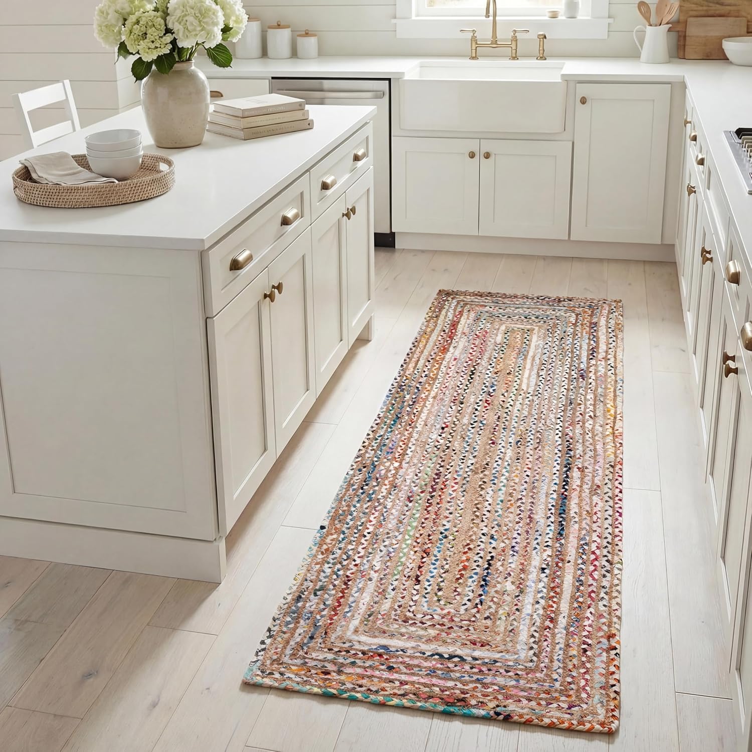 Hand Braided Jute Cotton Beige Multi Runner Rug