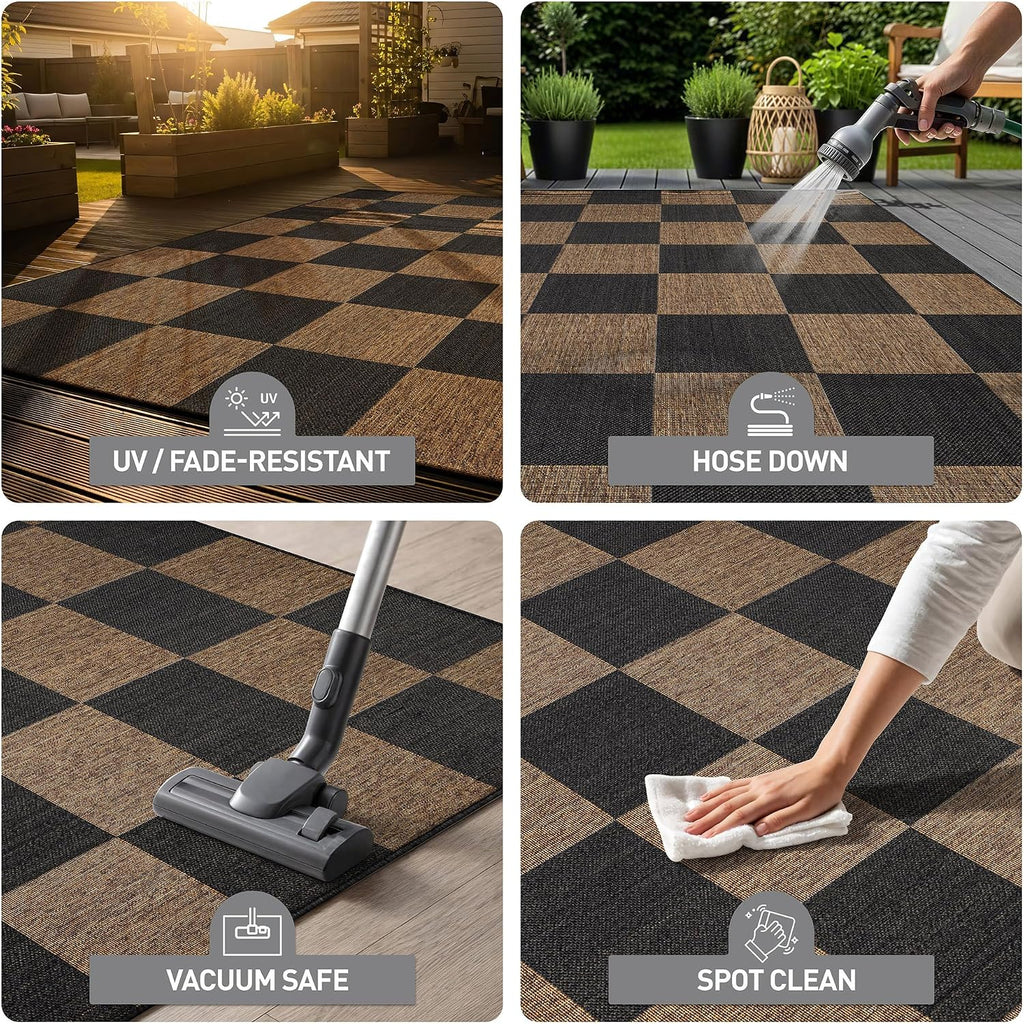 Dark Gray Checkered Jute Indoor Outdoor Runner Rug