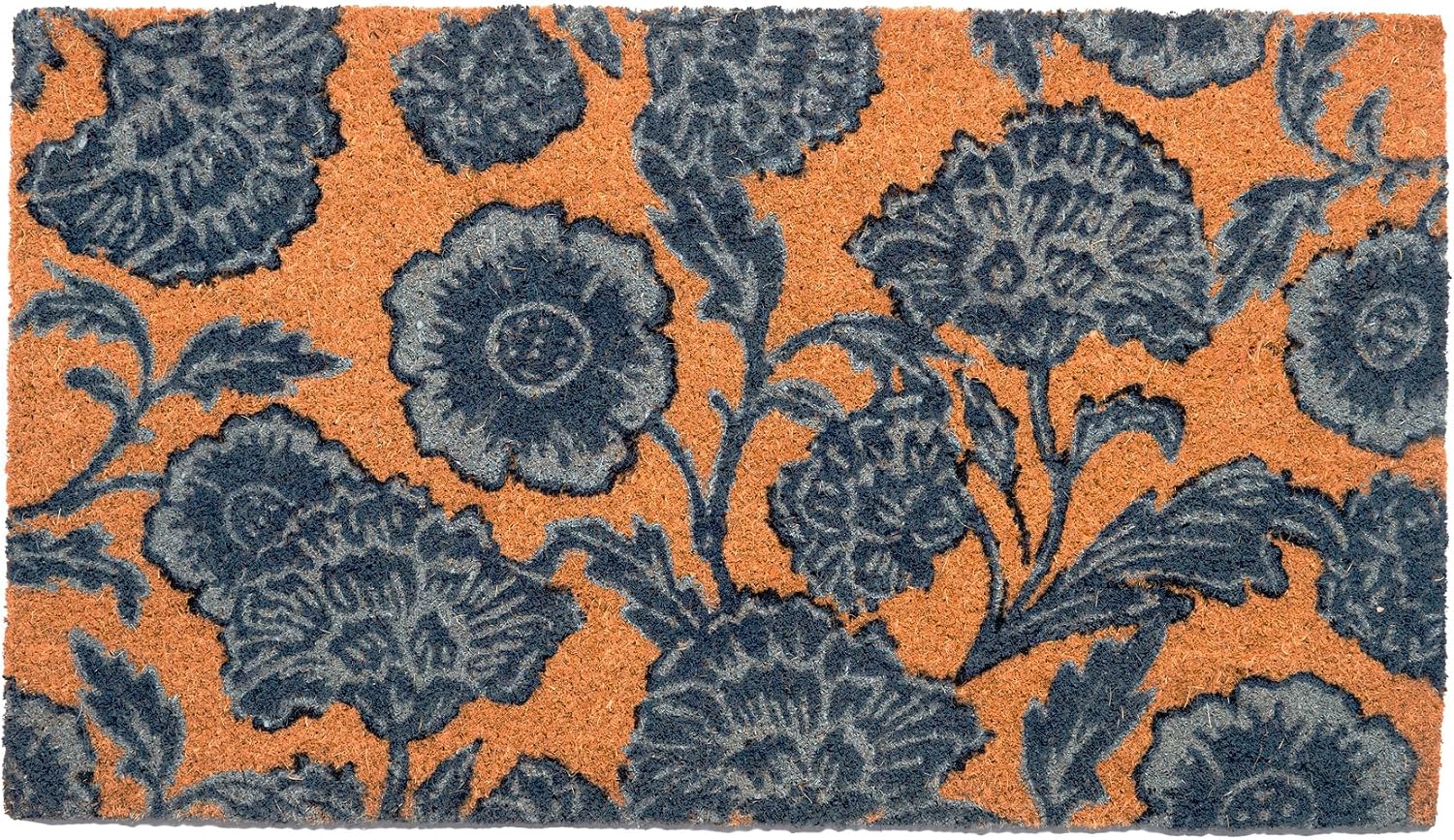 Blue Floral Coir Doormat Non Slip PVC Backing