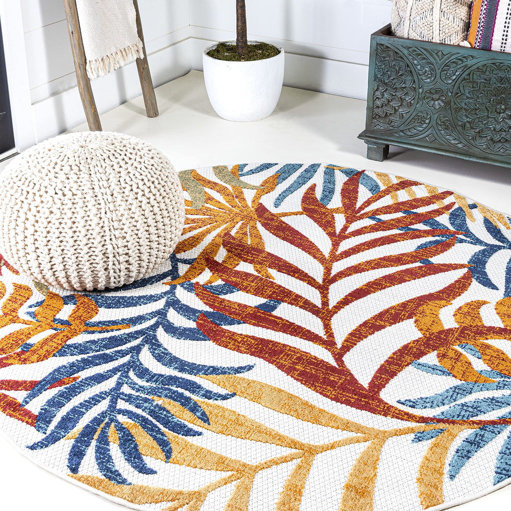 Gray Blue Palm Leaf Boho Indoor Outdoor Runner Rug