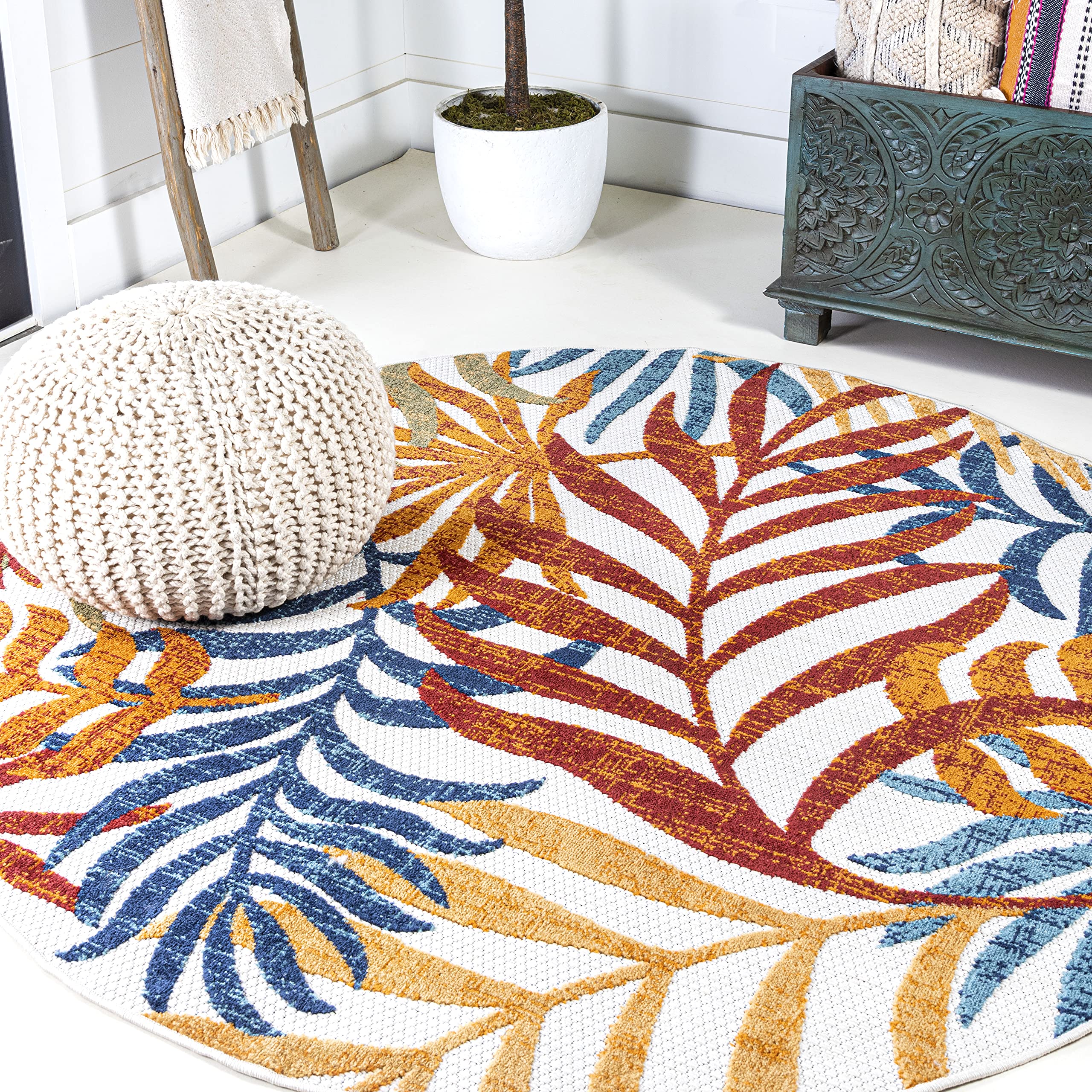 Gray Blue Palm Leaf Boho Indoor Outdoor Runner Rug
