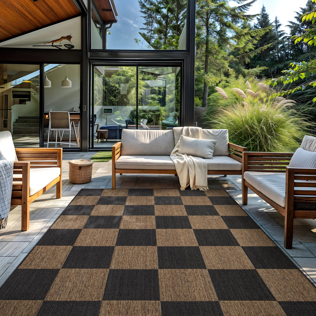 Dark Gray Checkered Jute Indoor Outdoor Runner Rug