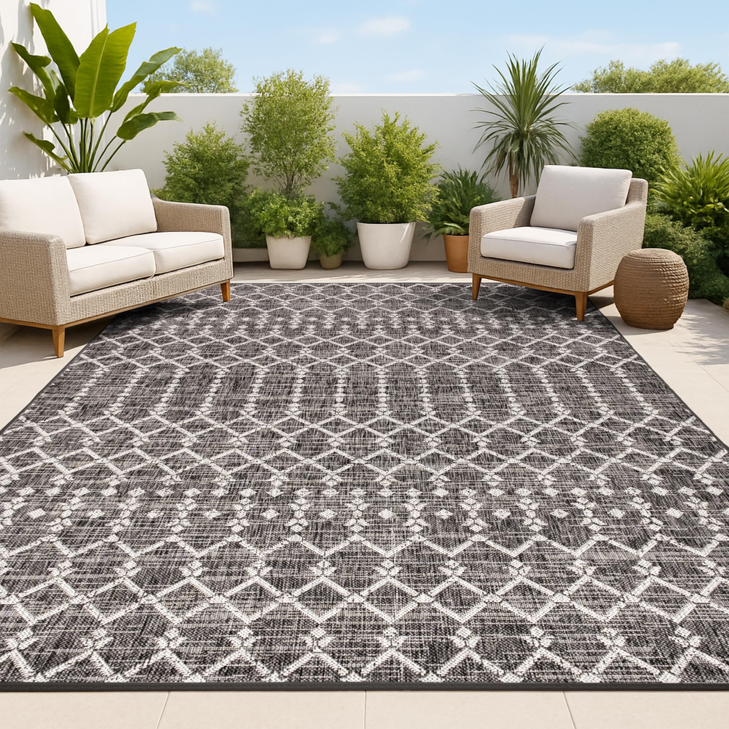 Moroccan Geometric Natural Black Outdoor Runner Rug