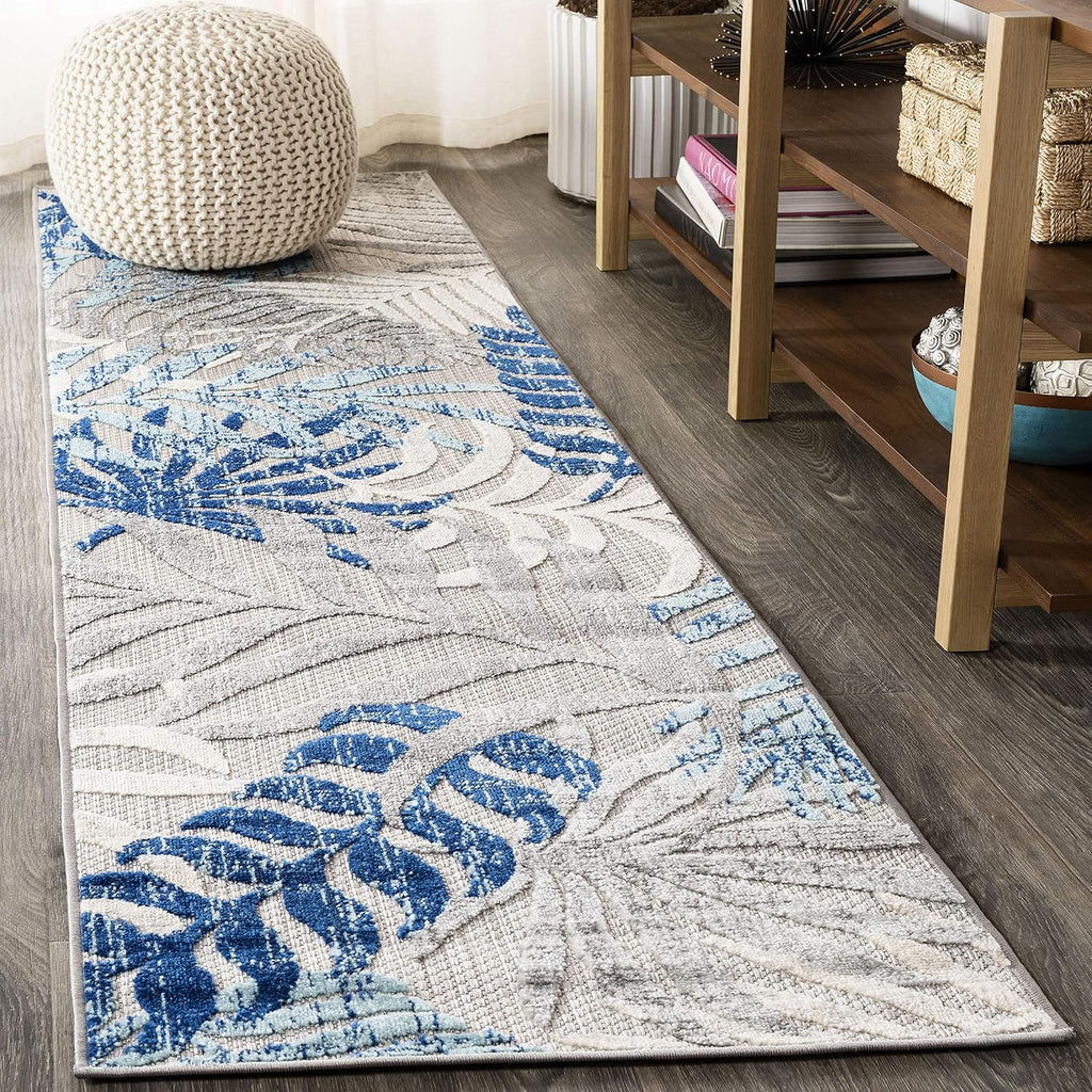 Gray Blue Palm Leaf Boho Indoor Outdoor Runner Rug
