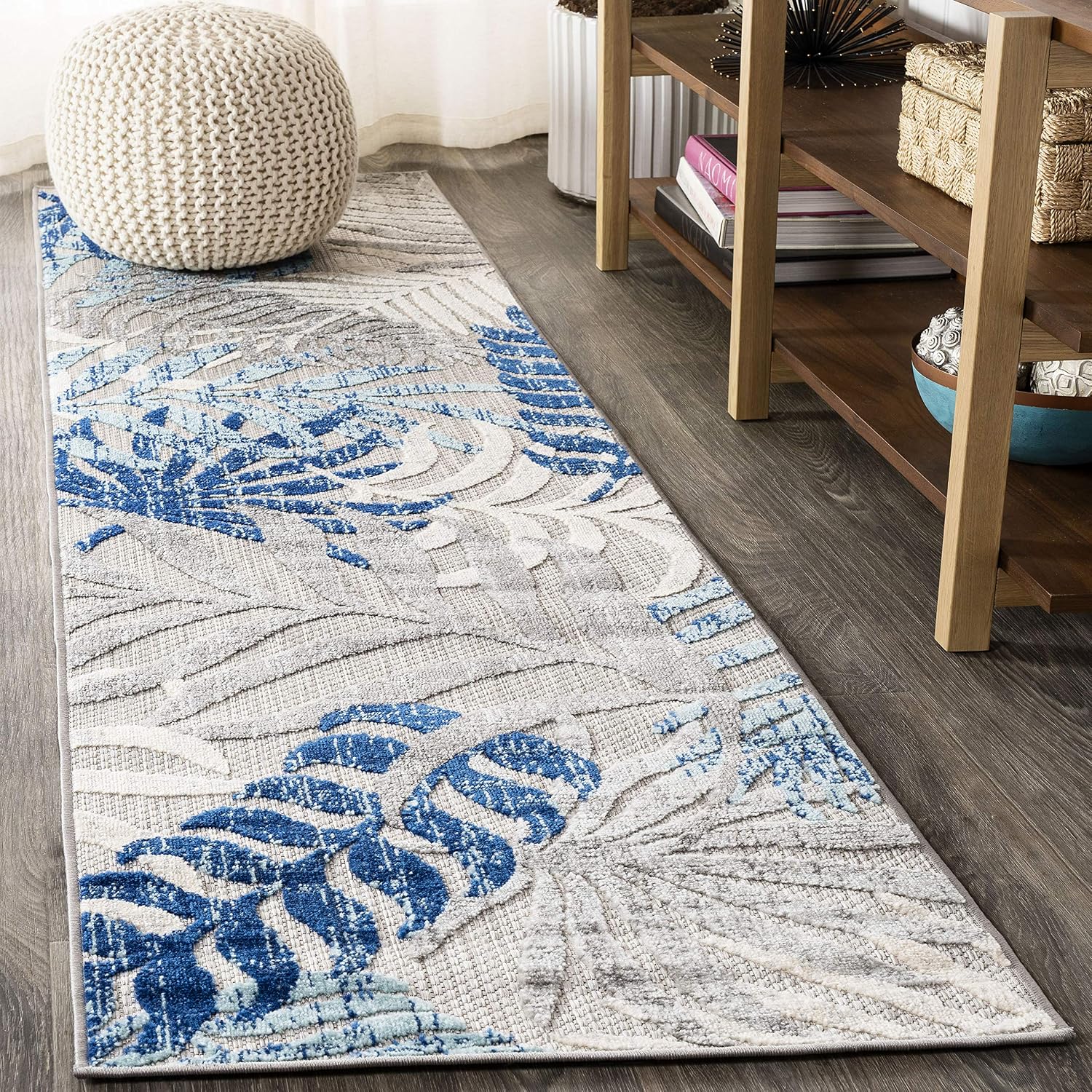 Gray Blue Palm Leaf Boho Indoor Outdoor Runner Rug