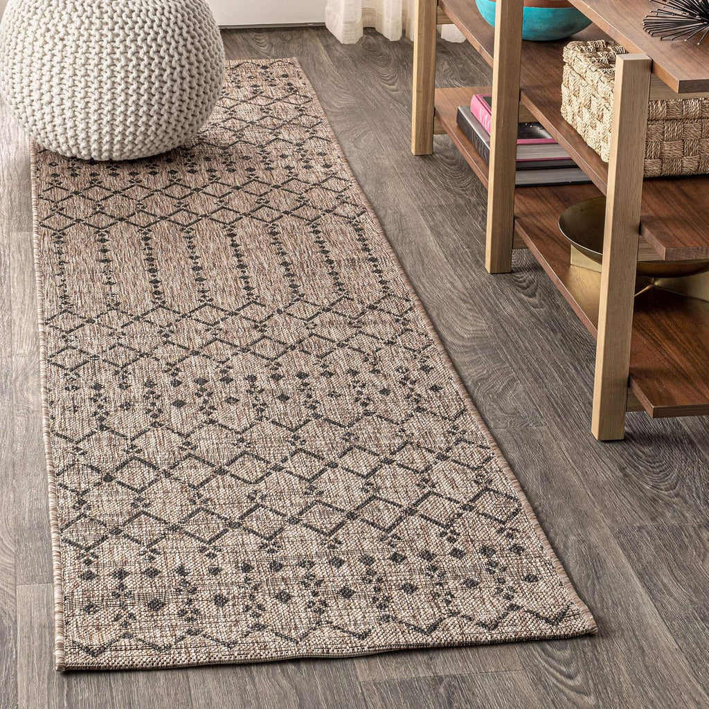Moroccan Geometric Natural Black Outdoor Runner Rug